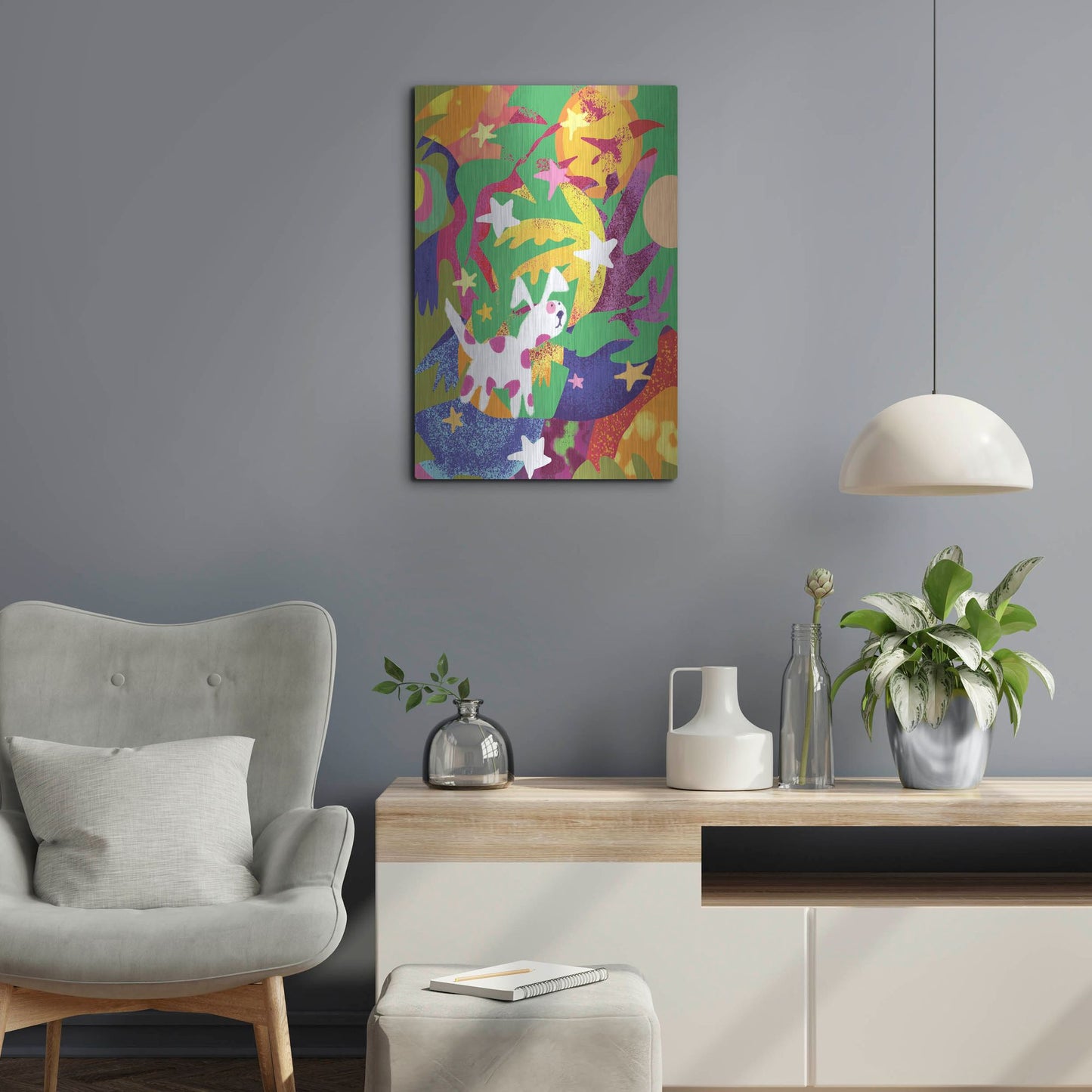 Luxe Metal Art 'Dog And Stars With Abstract Background' by Holly McGee, Metal Wall Art,16x24