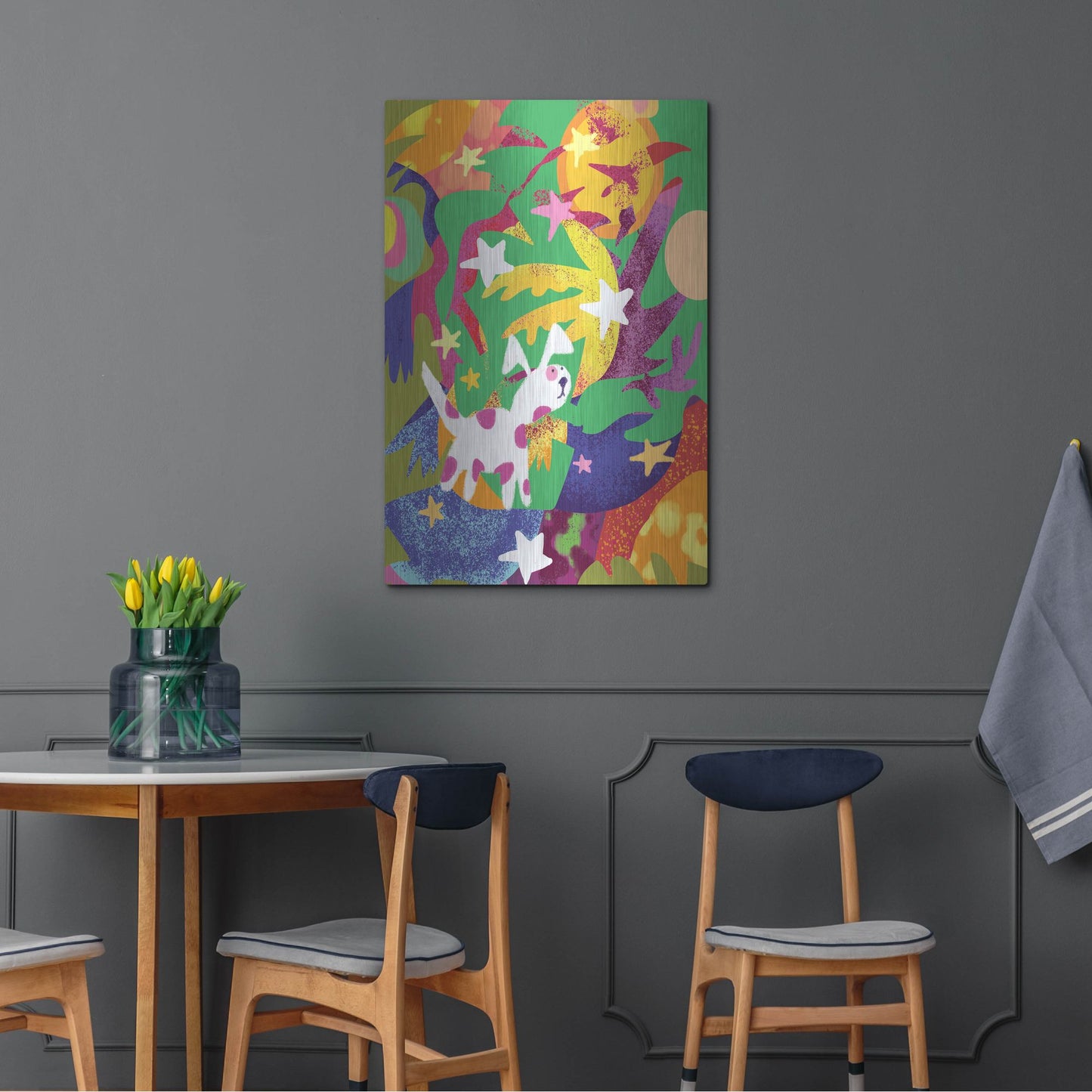 Luxe Metal Art 'Dog And Stars With Abstract Background' by Holly McGee, Metal Wall Art,24x36