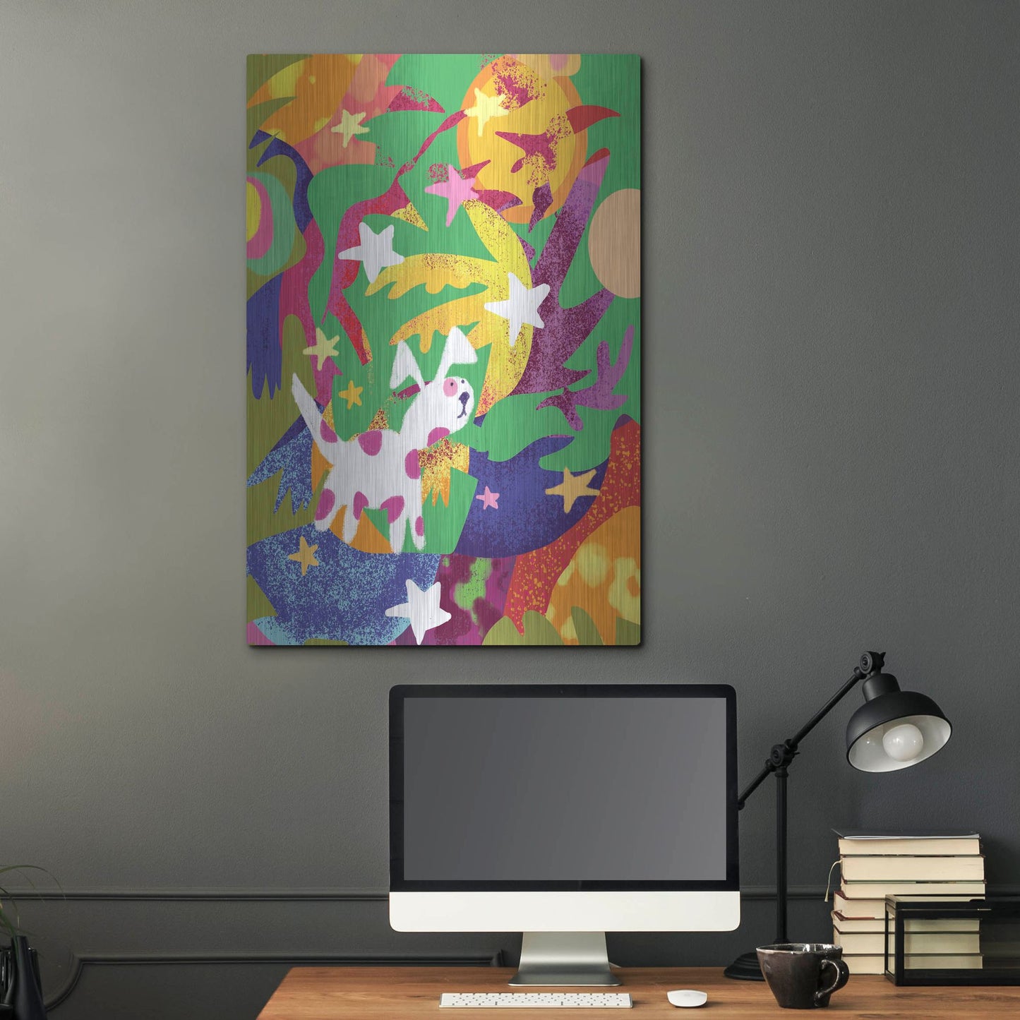 Luxe Metal Art 'Dog And Stars With Abstract Background' by Holly McGee, Metal Wall Art,24x36