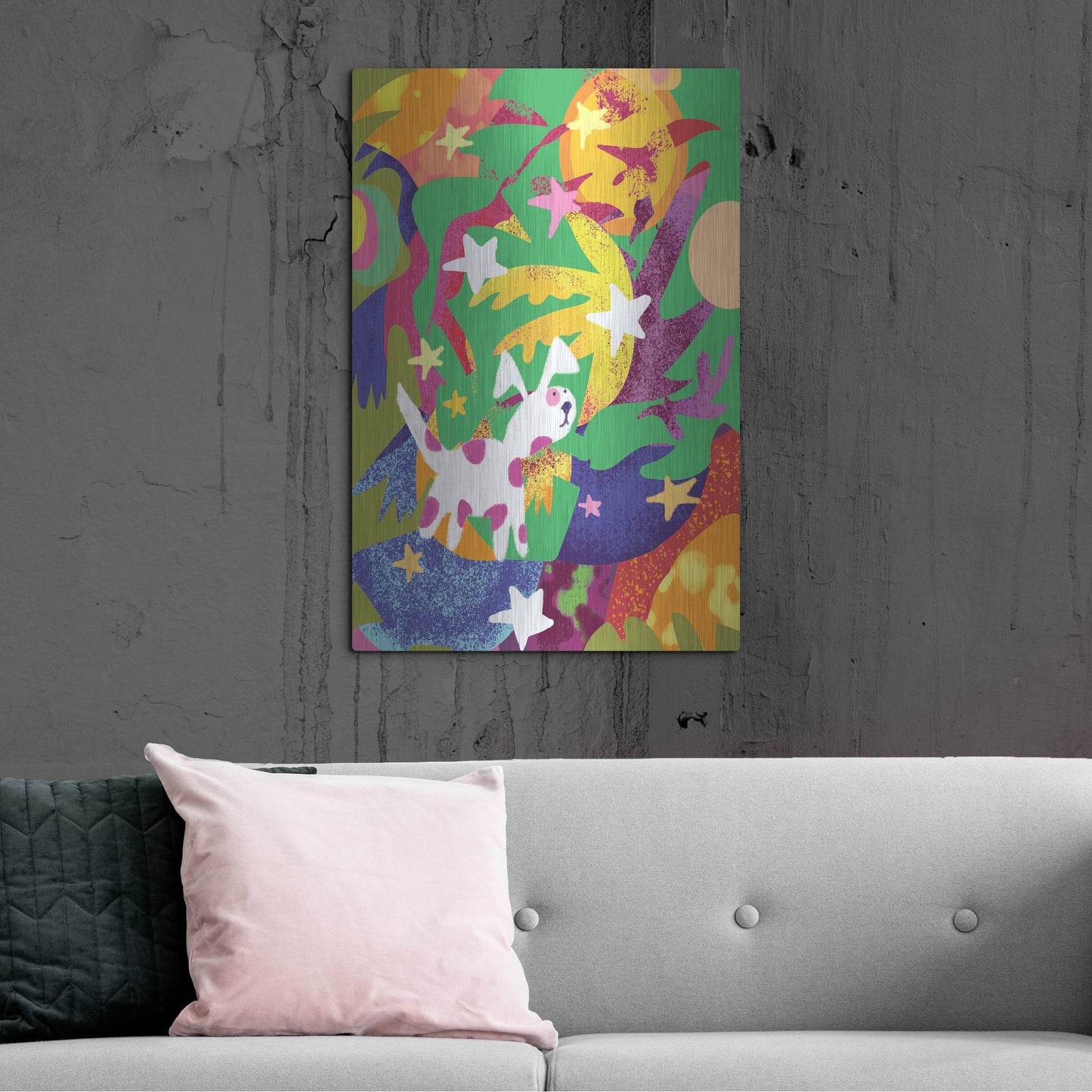 Luxe Metal Art 'Dog And Stars With Abstract Background' by Holly McGee, Metal Wall Art,24x36