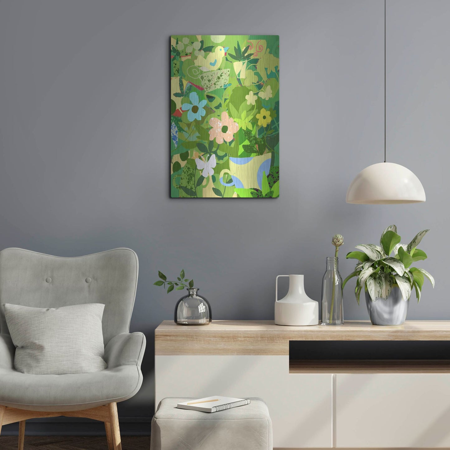 Luxe Metal Art 'Garden Delight With Teacup' by Holly McGee, Metal Wall Art,16x24