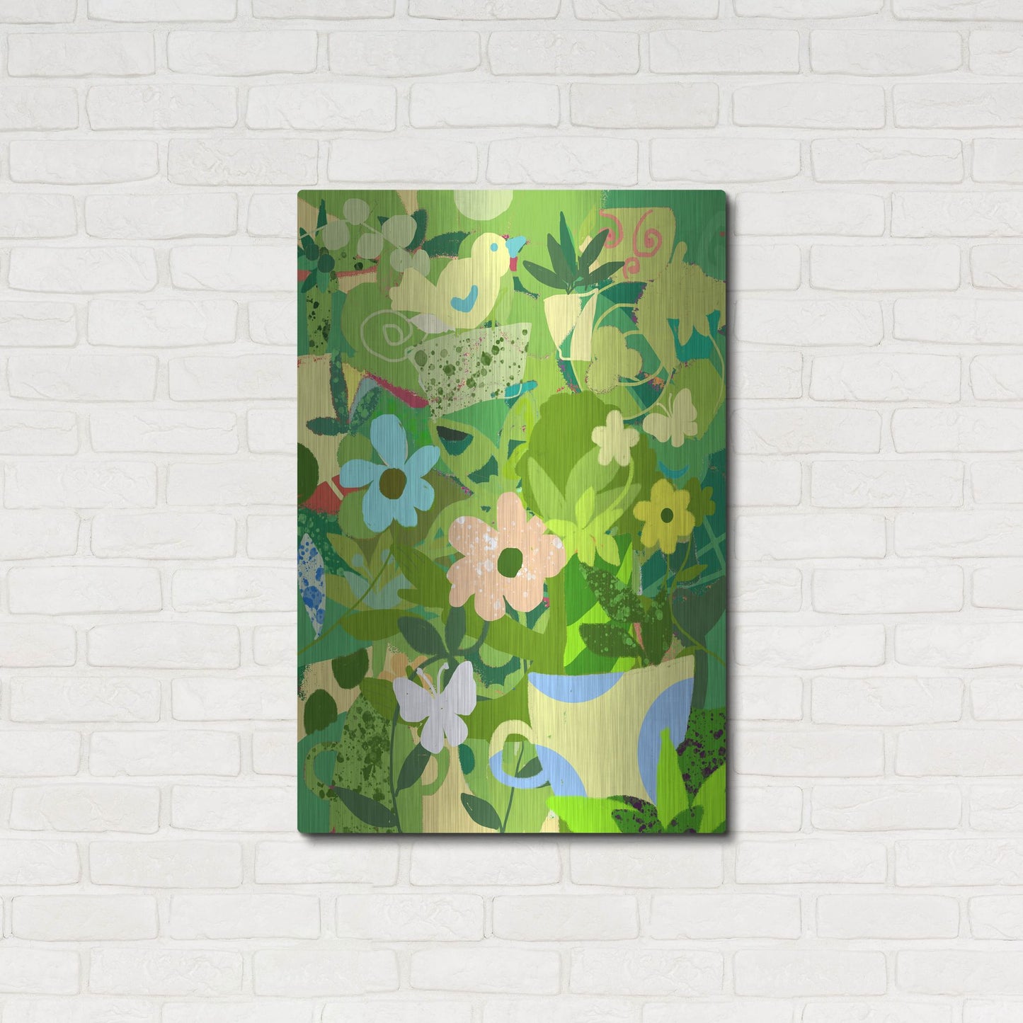 Luxe Metal Art 'Garden Delight With Teacup' by Holly McGee, Metal Wall Art,24x36