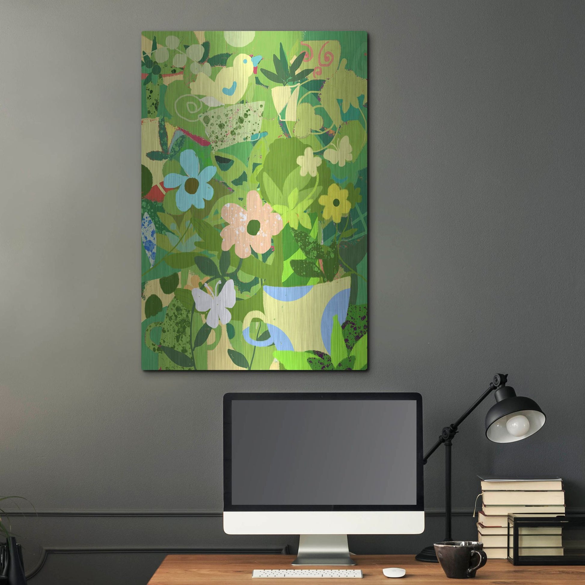 Luxe Metal Art 'Garden Delight With Teacup' by Holly McGee, Metal Wall Art,24x36