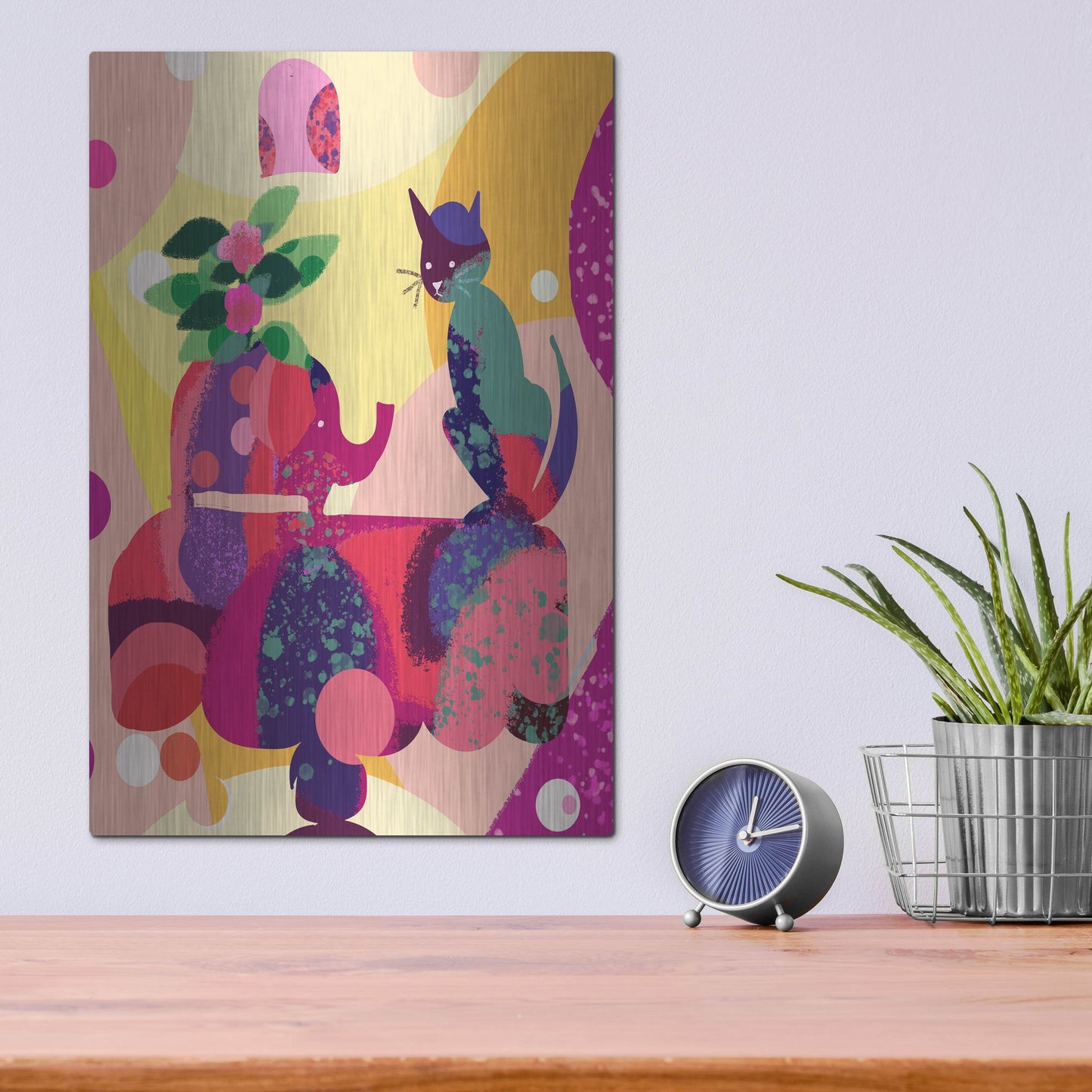 Luxe Metal Art 'Still Life With Cat And Elephant' by Holly McGee, Metal Wall Art,12x16