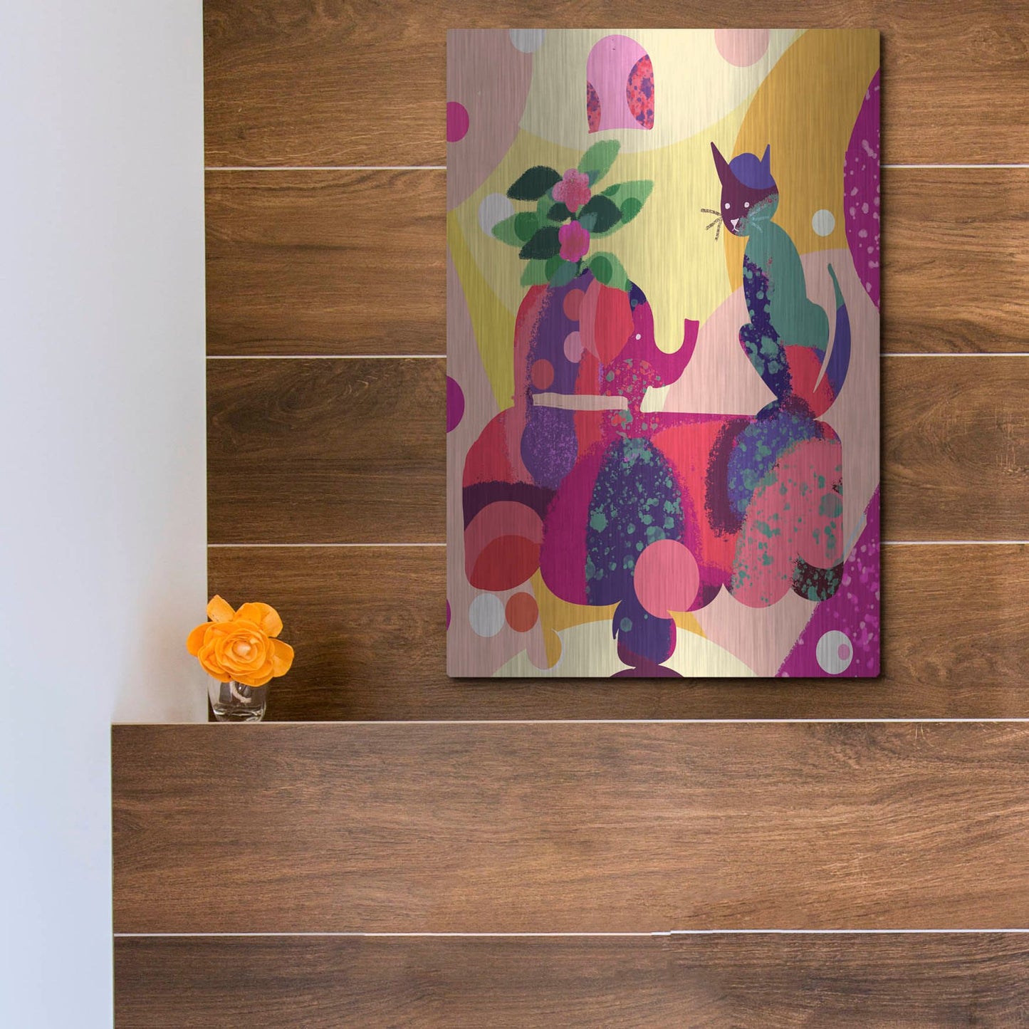 Luxe Metal Art 'Still Life With Cat And Elephant' by Holly McGee, Metal Wall Art,12x16