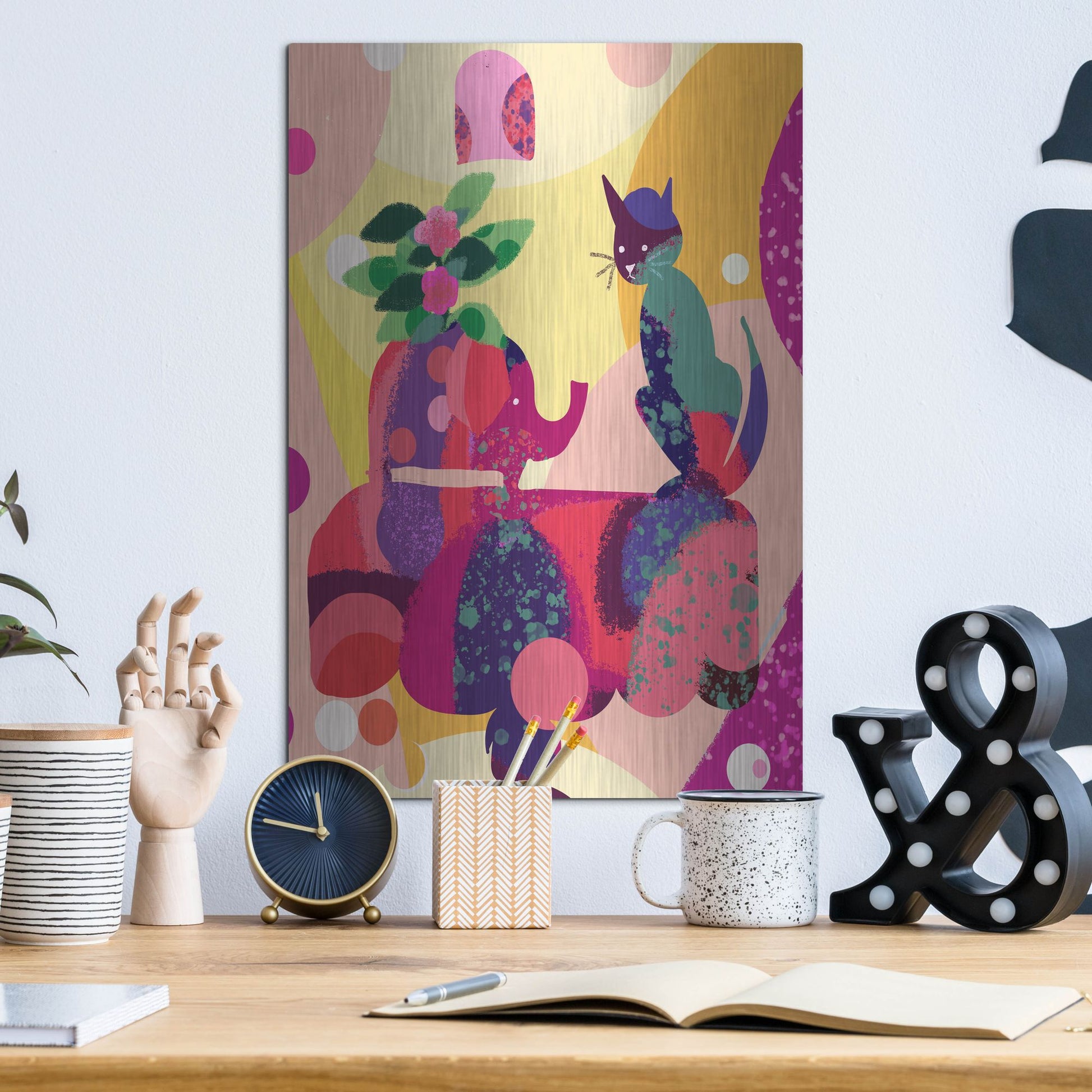 Luxe Metal Art 'Still Life With Cat And Elephant' by Holly McGee, Metal Wall Art,12x16
