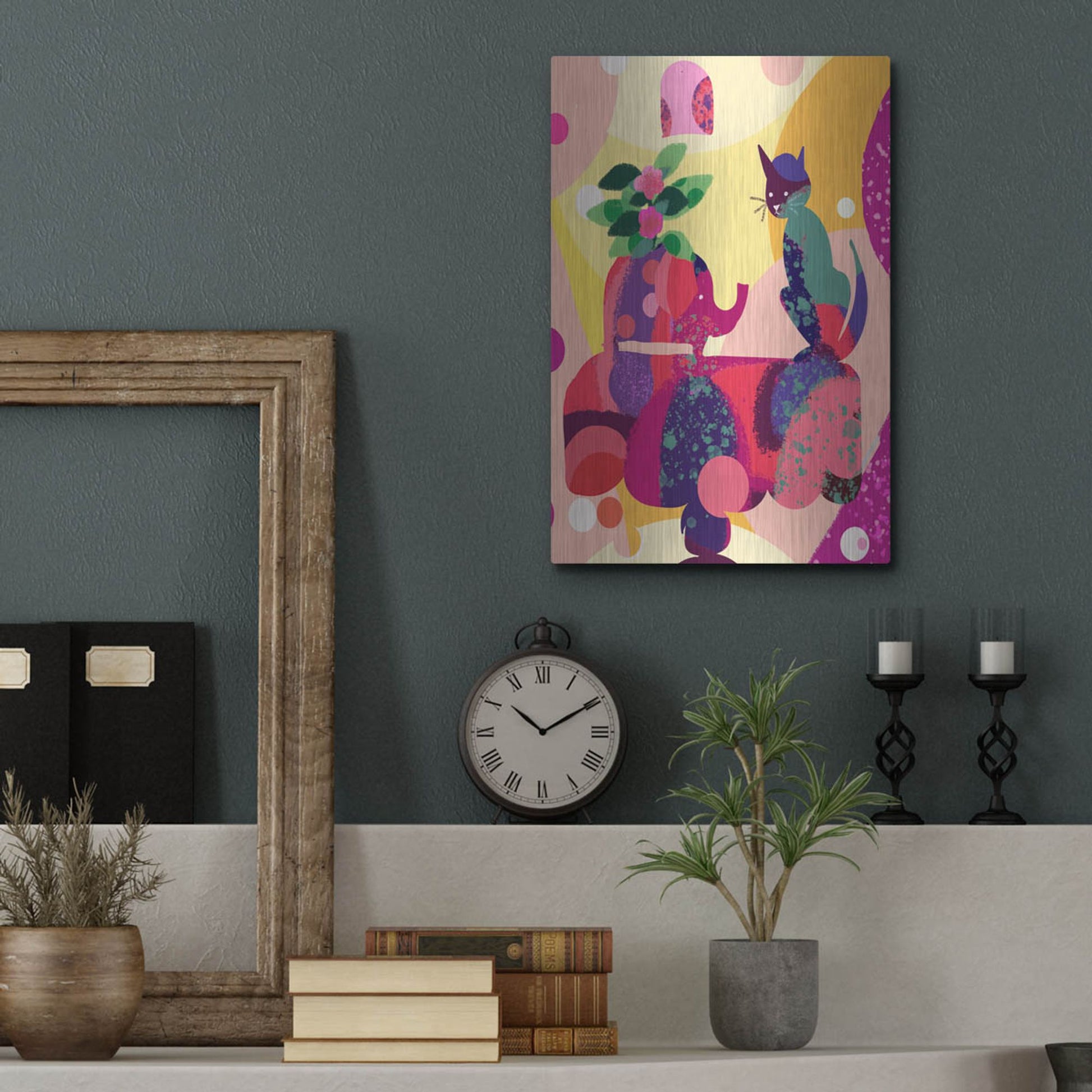 Luxe Metal Art 'Still Life With Cat And Elephant' by Holly McGee, Metal Wall Art,12x16