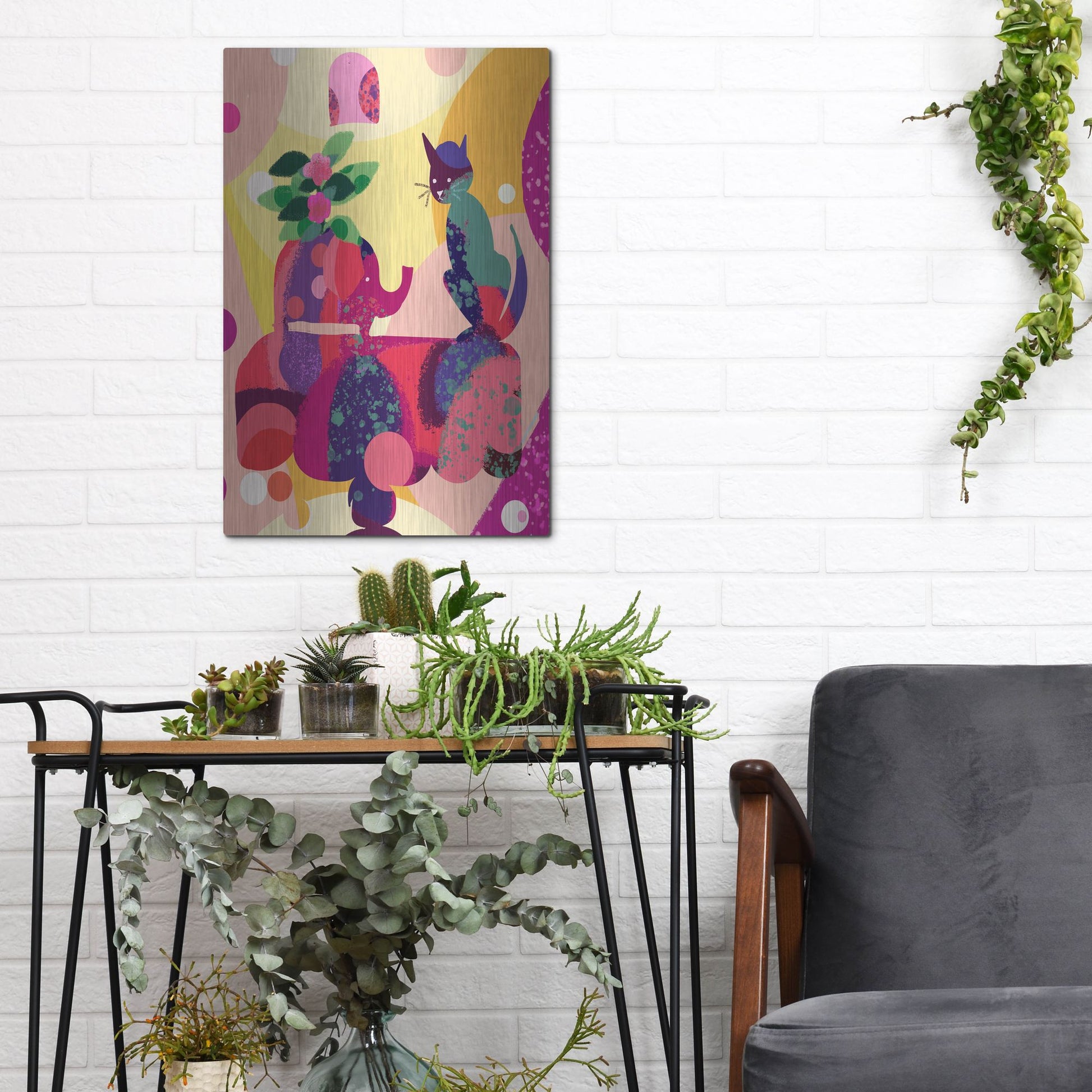 Luxe Metal Art 'Still Life With Cat And Elephant' by Holly McGee, Metal Wall Art,12x16