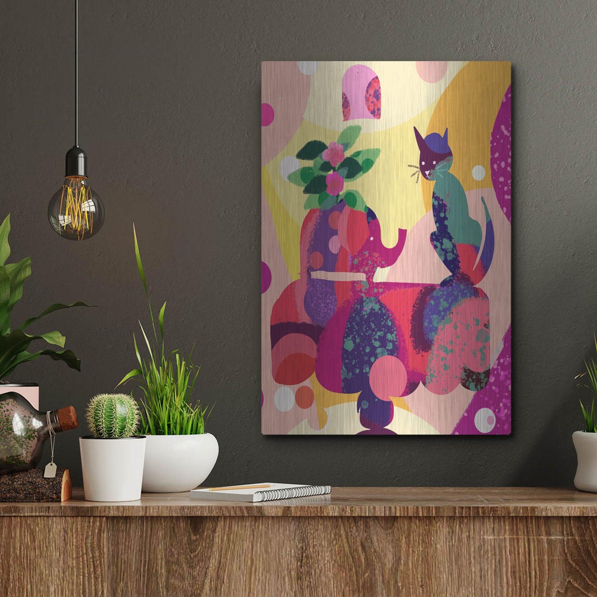 Luxe Metal Art 'Still Life With Cat And Elephant' by Holly McGee, Metal Wall Art,12x16