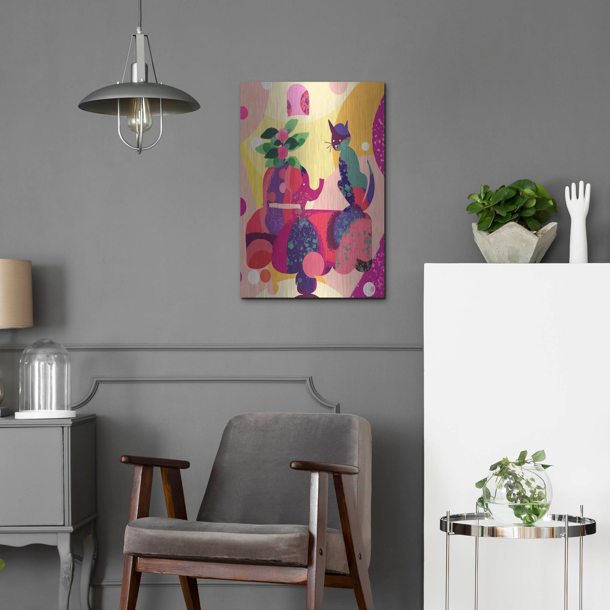 Luxe Metal Art 'Still Life With Cat And Elephant' by Holly McGee, Metal Wall Art,16x24