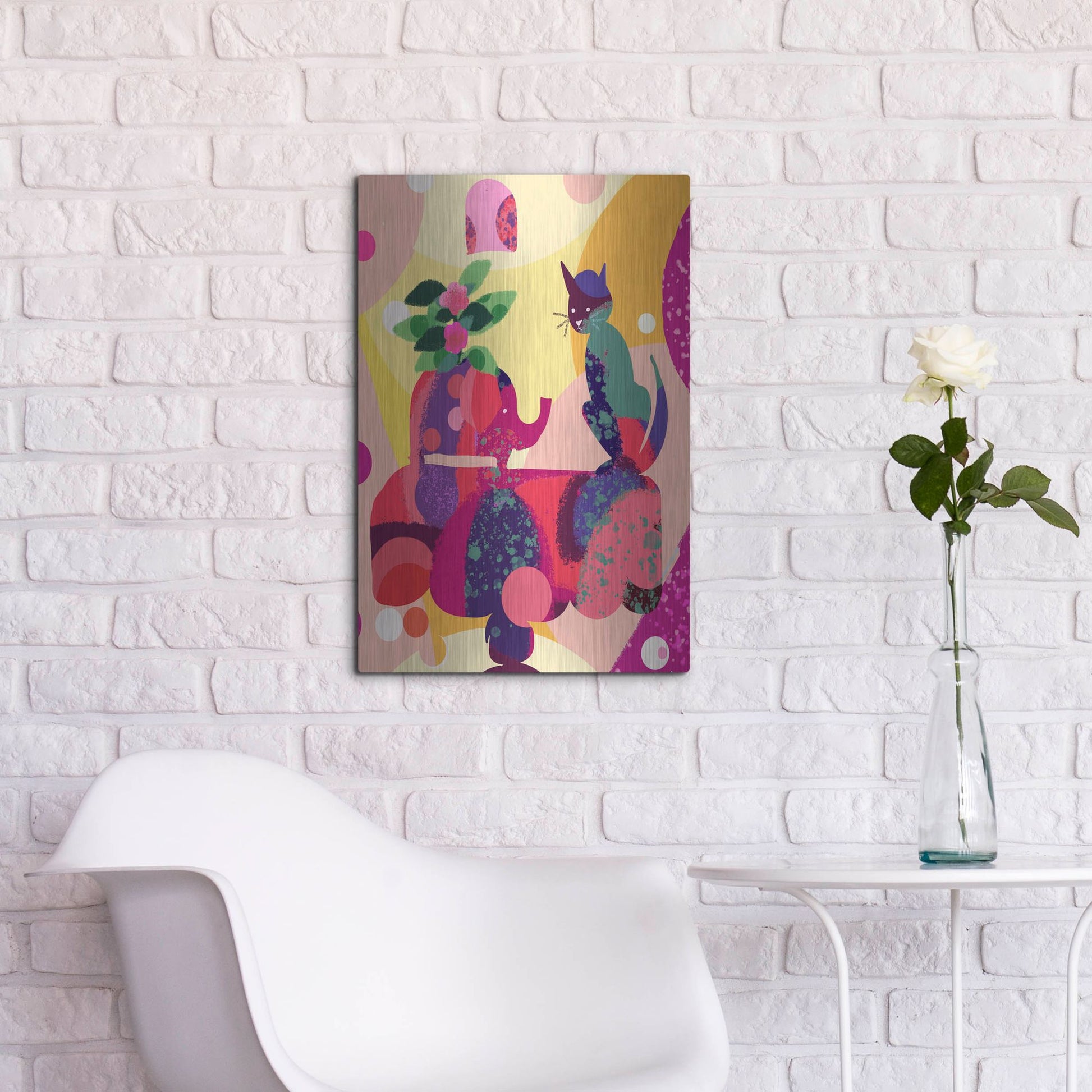 Luxe Metal Art 'Still Life With Cat And Elephant' by Holly McGee, Metal Wall Art,16x24