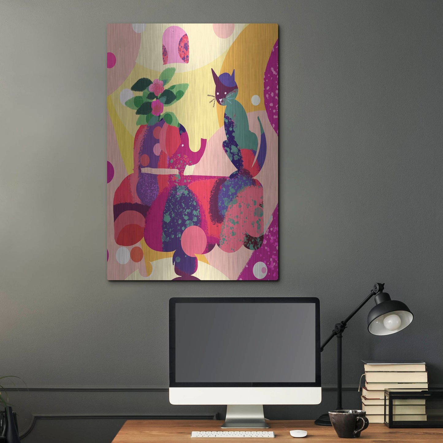 Luxe Metal Art 'Still Life With Cat And Elephant' by Holly McGee, Metal Wall Art,24x36