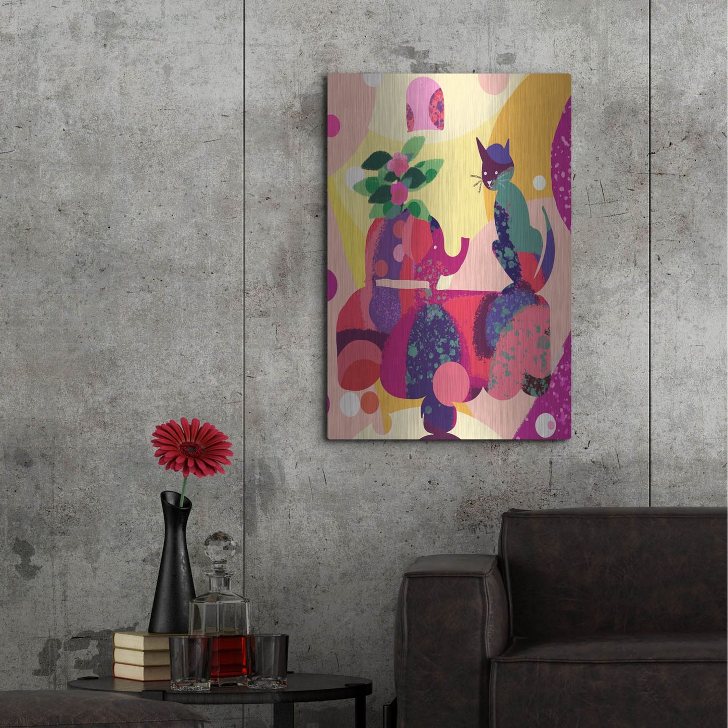 Luxe Metal Art 'Still Life With Cat And Elephant' by Holly McGee, Metal Wall Art,24x36