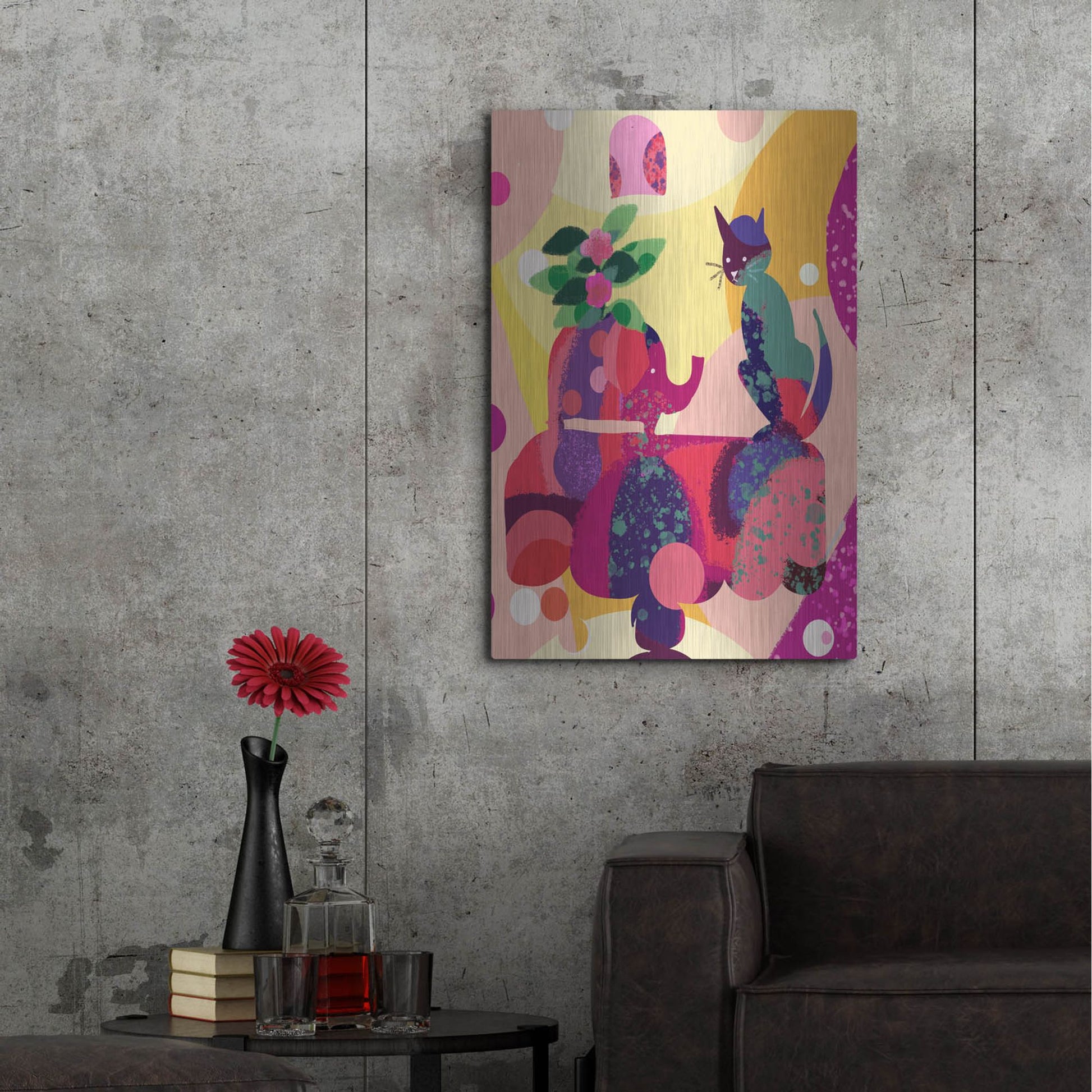 Luxe Metal Art 'Still Life With Cat And Elephant' by Holly McGee, Metal Wall Art,24x36