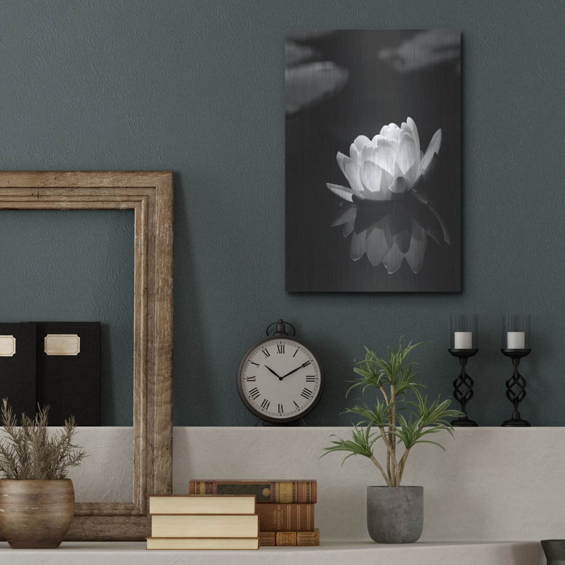 Luxe Metal Art 'Water Lily BW' by Istvan Nagy, Metal Wall Art,12x16