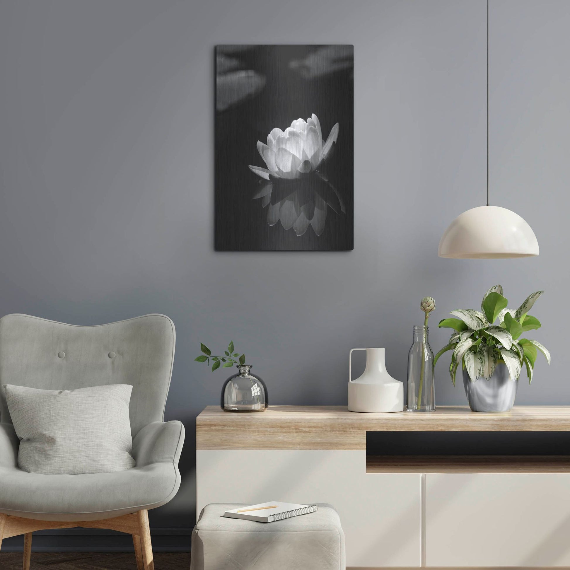 Luxe Metal Art 'Water Lily BW' by Istvan Nagy, Metal Wall Art,16x24