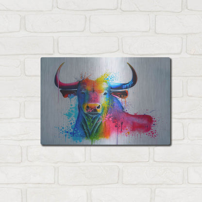 Luxe Metal Art 'Bull Splash Colors' by Ivan Negrete, Metal Wall Art,16x12