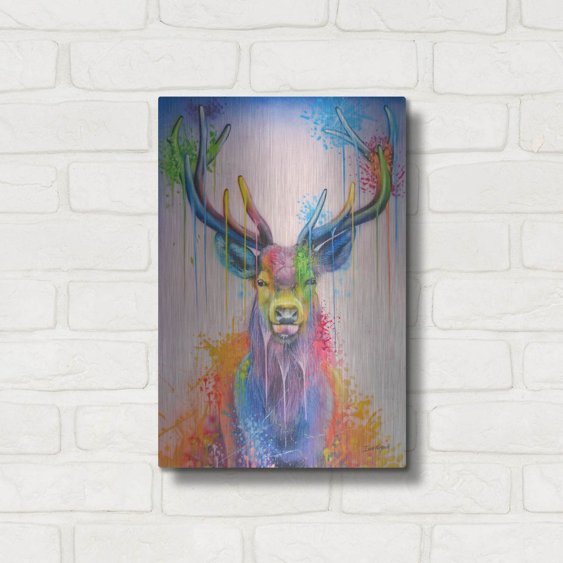 Luxe Metal Art 'Deer Splash Colors' by Ivan Negrete, Metal Wall Art,12x16