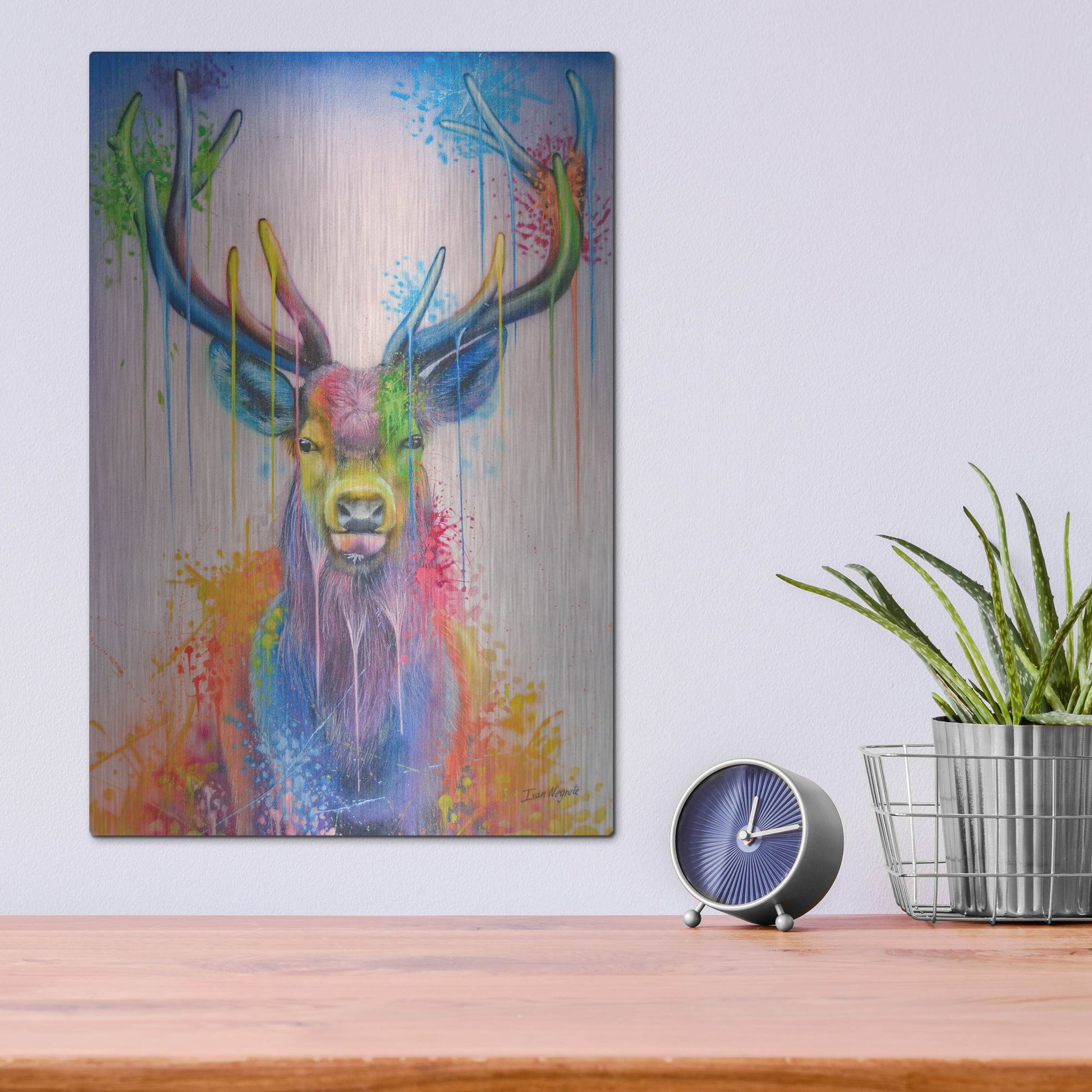 Luxe Metal Art 'Deer Splash Colors' by Ivan Negrete, Metal Wall Art,12x16