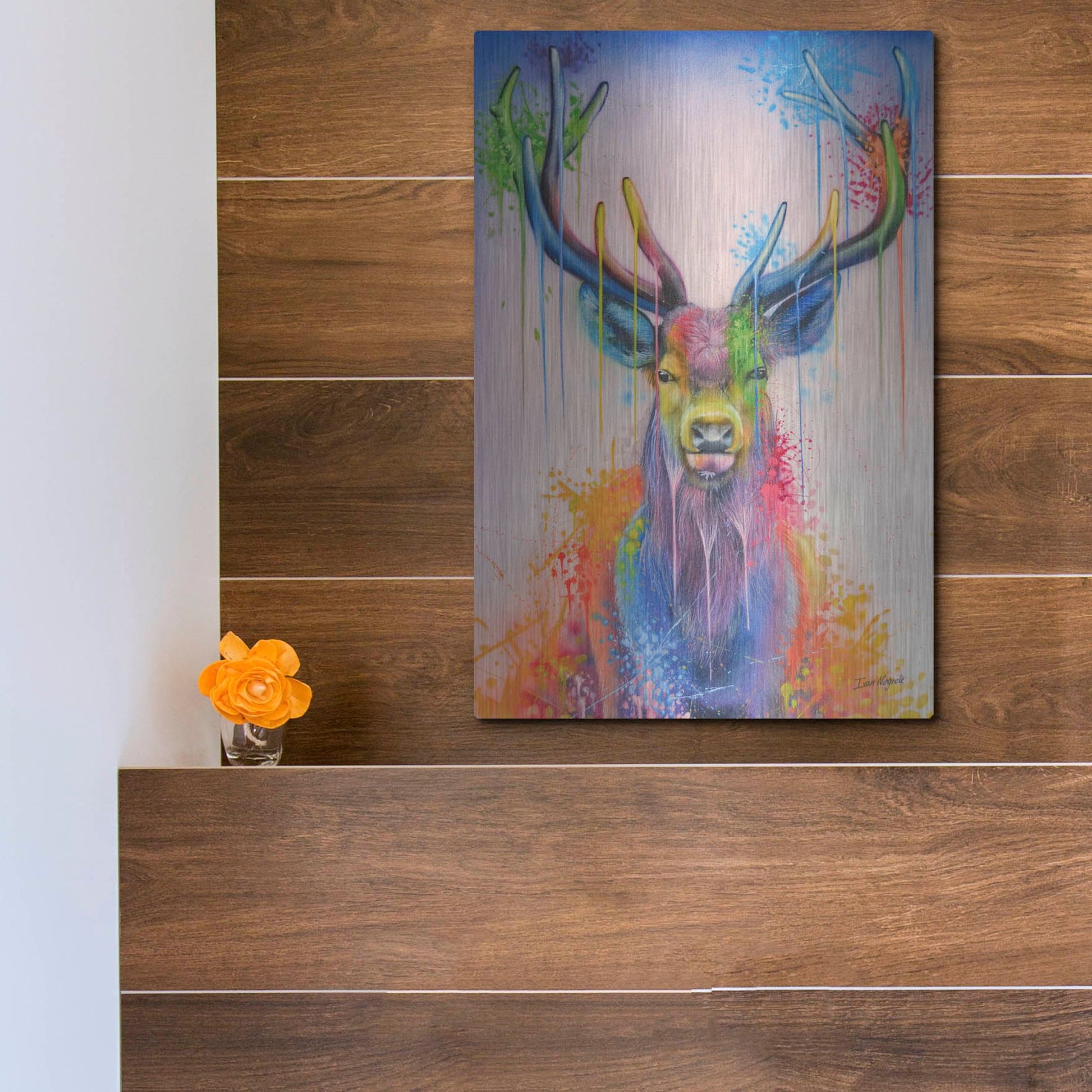 Luxe Metal Art 'Deer Splash Colors' by Ivan Negrete, Metal Wall Art,12x16