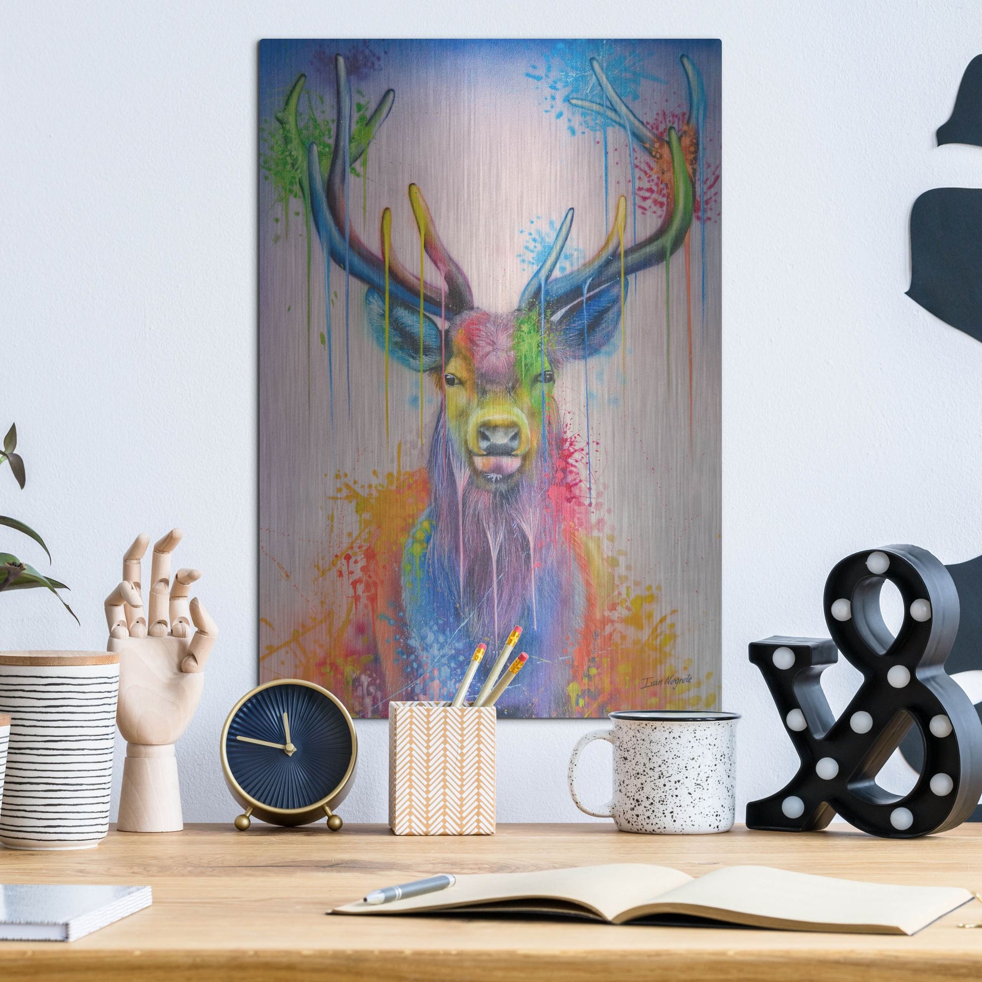 Luxe Metal Art 'Deer Splash Colors' by Ivan Negrete, Metal Wall Art,12x16