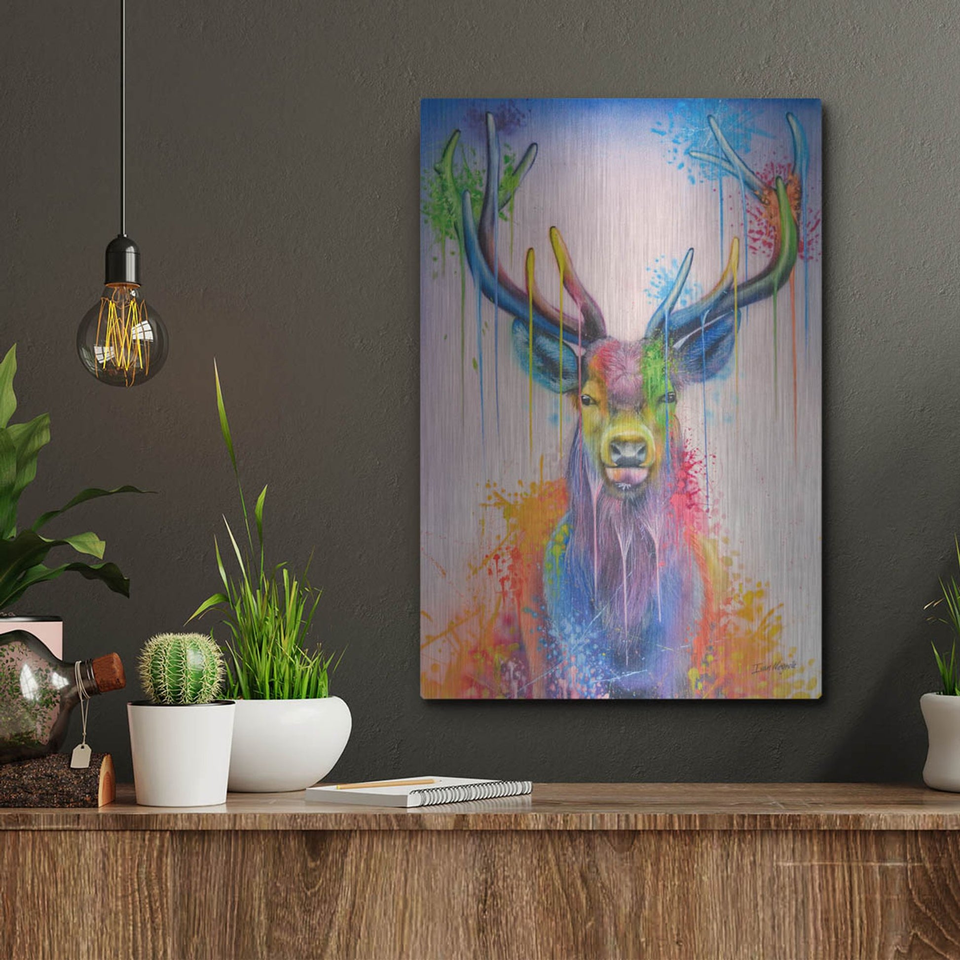 Luxe Metal Art 'Deer Splash Colors' by Ivan Negrete, Metal Wall Art,12x16