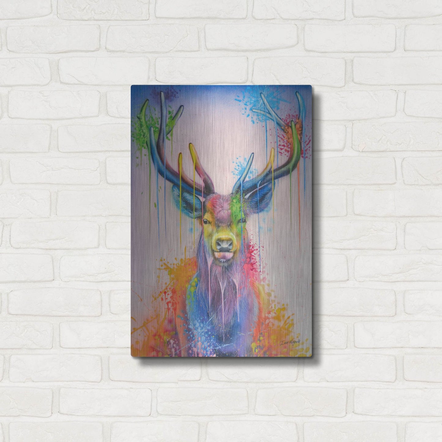 Luxe Metal Art 'Deer Splash Colors' by Ivan Negrete, Metal Wall Art,16x24