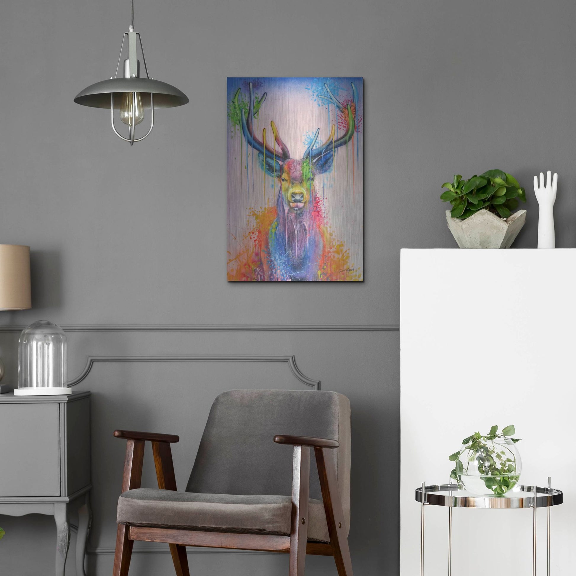 Luxe Metal Art 'Deer Splash Colors' by Ivan Negrete, Metal Wall Art,16x24