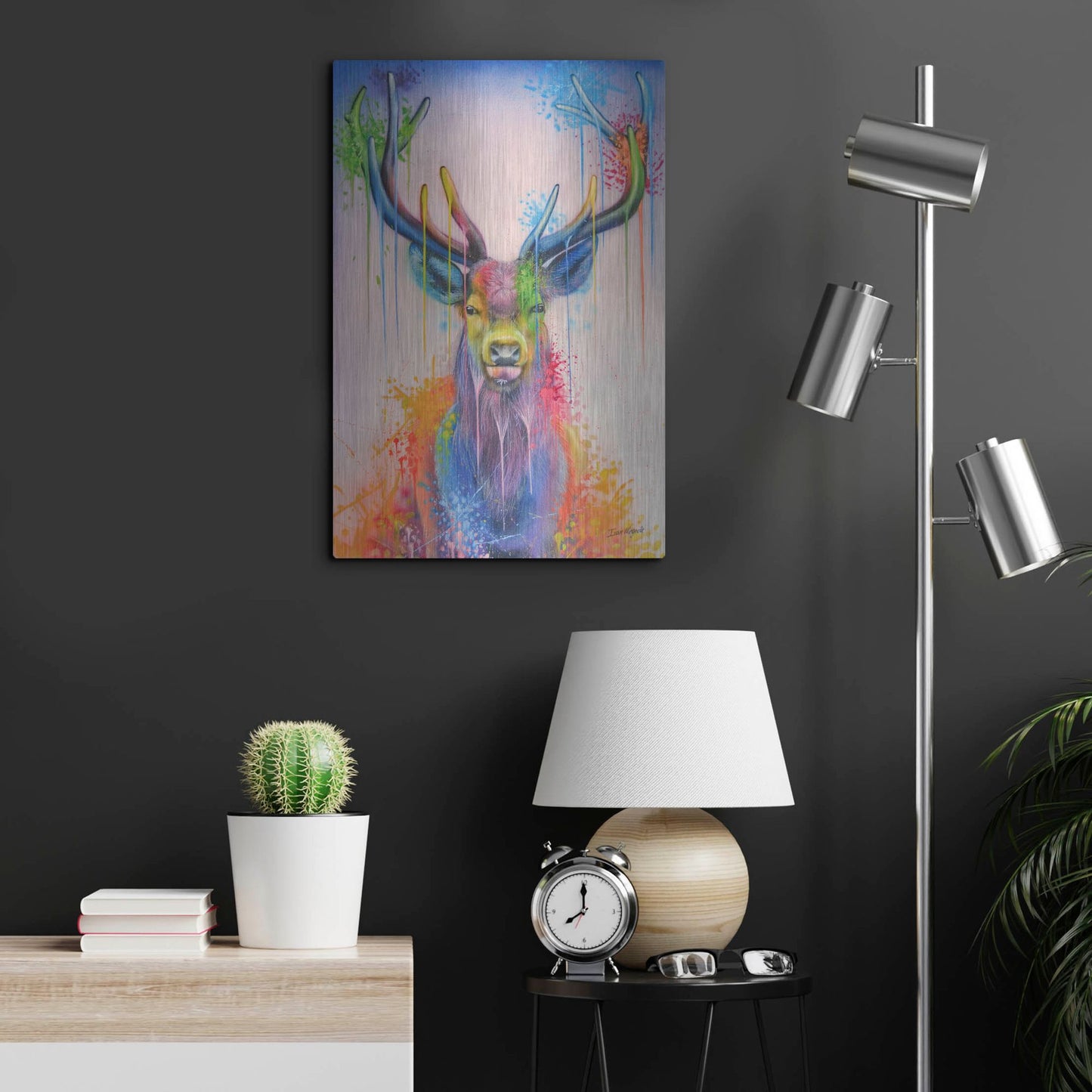 Luxe Metal Art 'Deer Splash Colors' by Ivan Negrete, Metal Wall Art,16x24