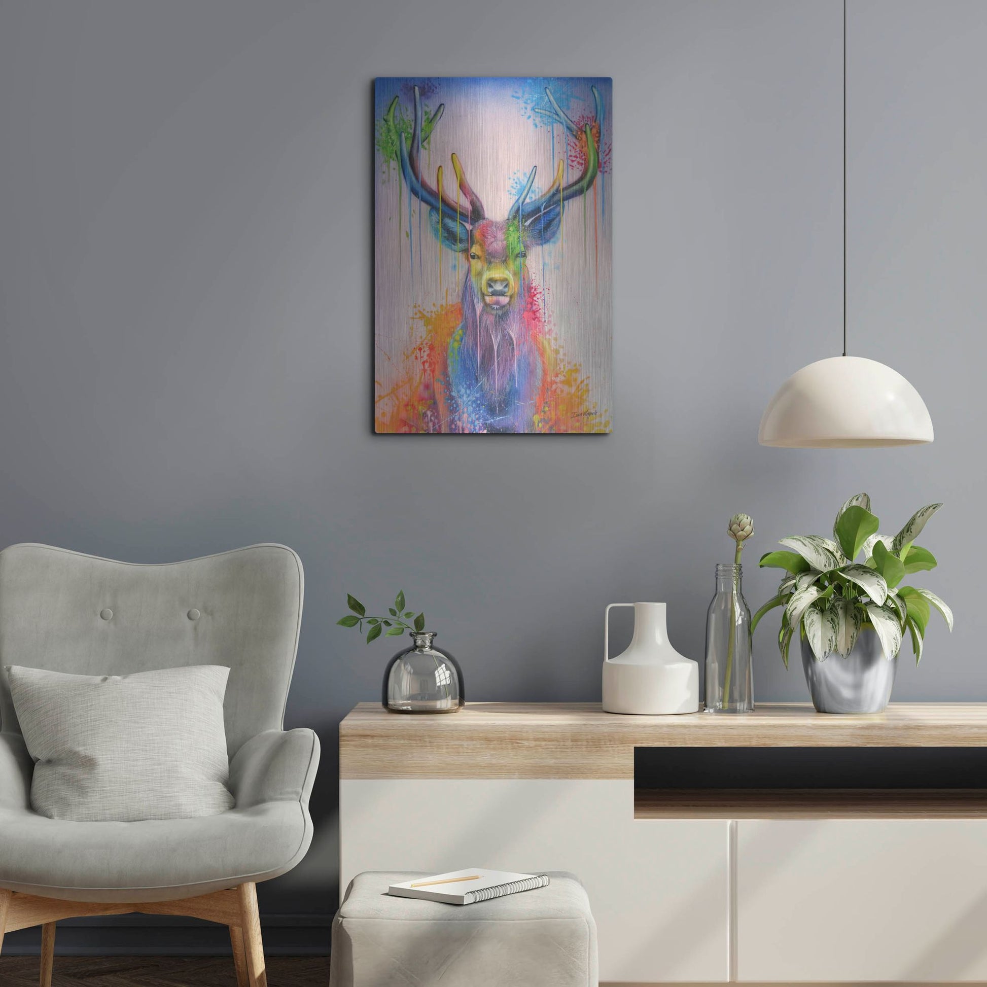 Luxe Metal Art 'Deer Splash Colors' by Ivan Negrete, Metal Wall Art,16x24