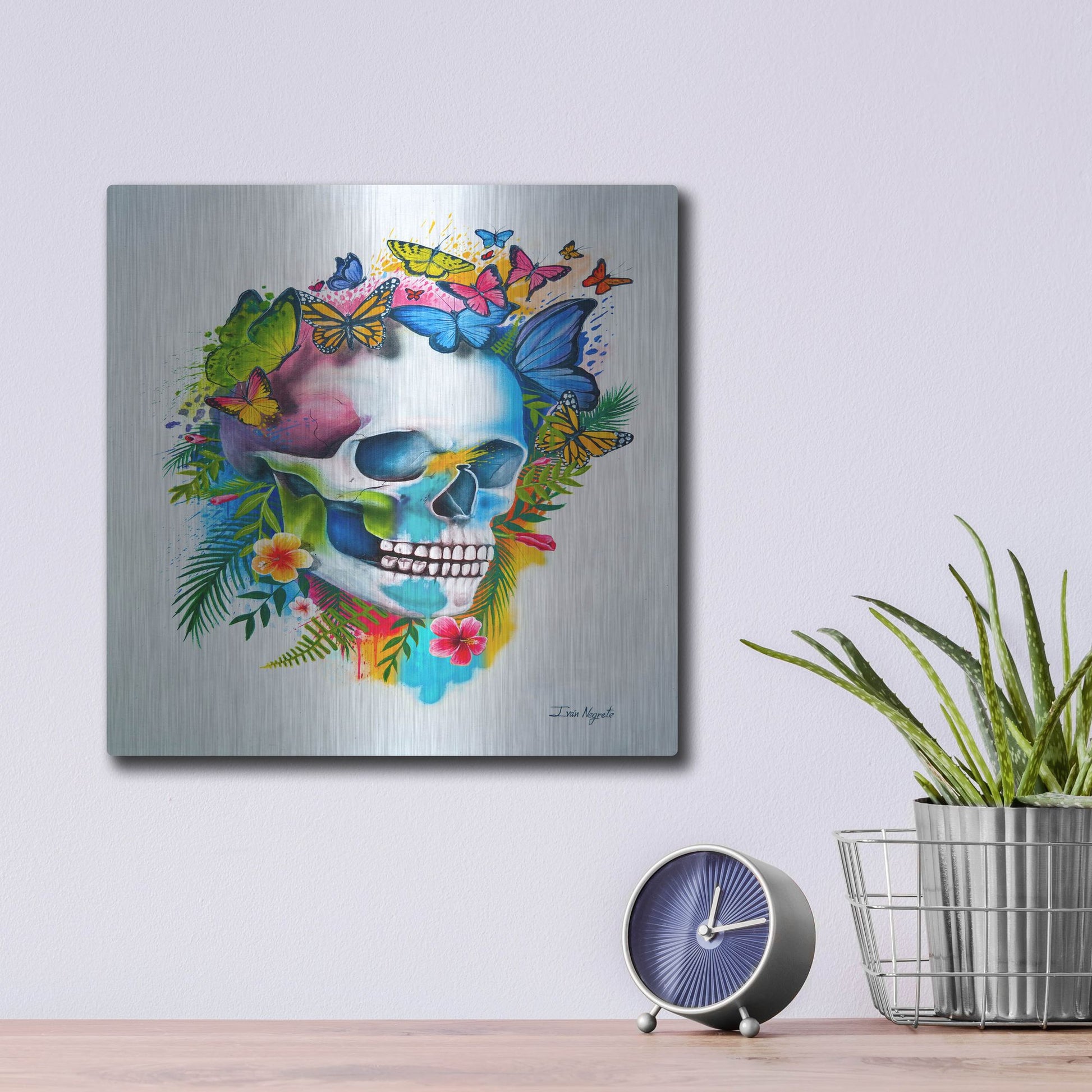 Luxe Metal Art 'Tropical Skull Splash' by Ivan Negrete, Metal Wall Art,12x12