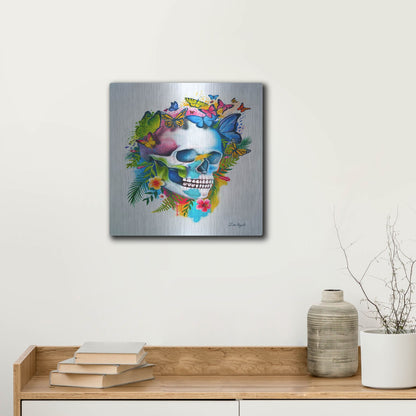 Luxe Metal Art 'Tropical Skull Splash' by Ivan Negrete, Metal Wall Art,12x12