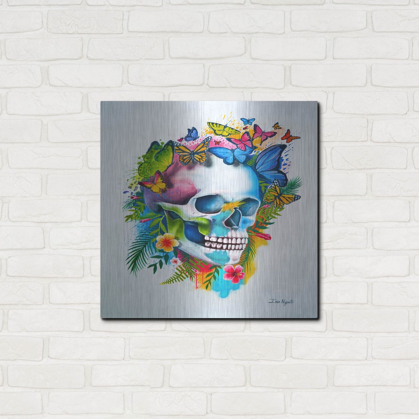 Luxe Metal Art 'Tropical Skull Splash' by Ivan Negrete, Metal Wall Art,24x24