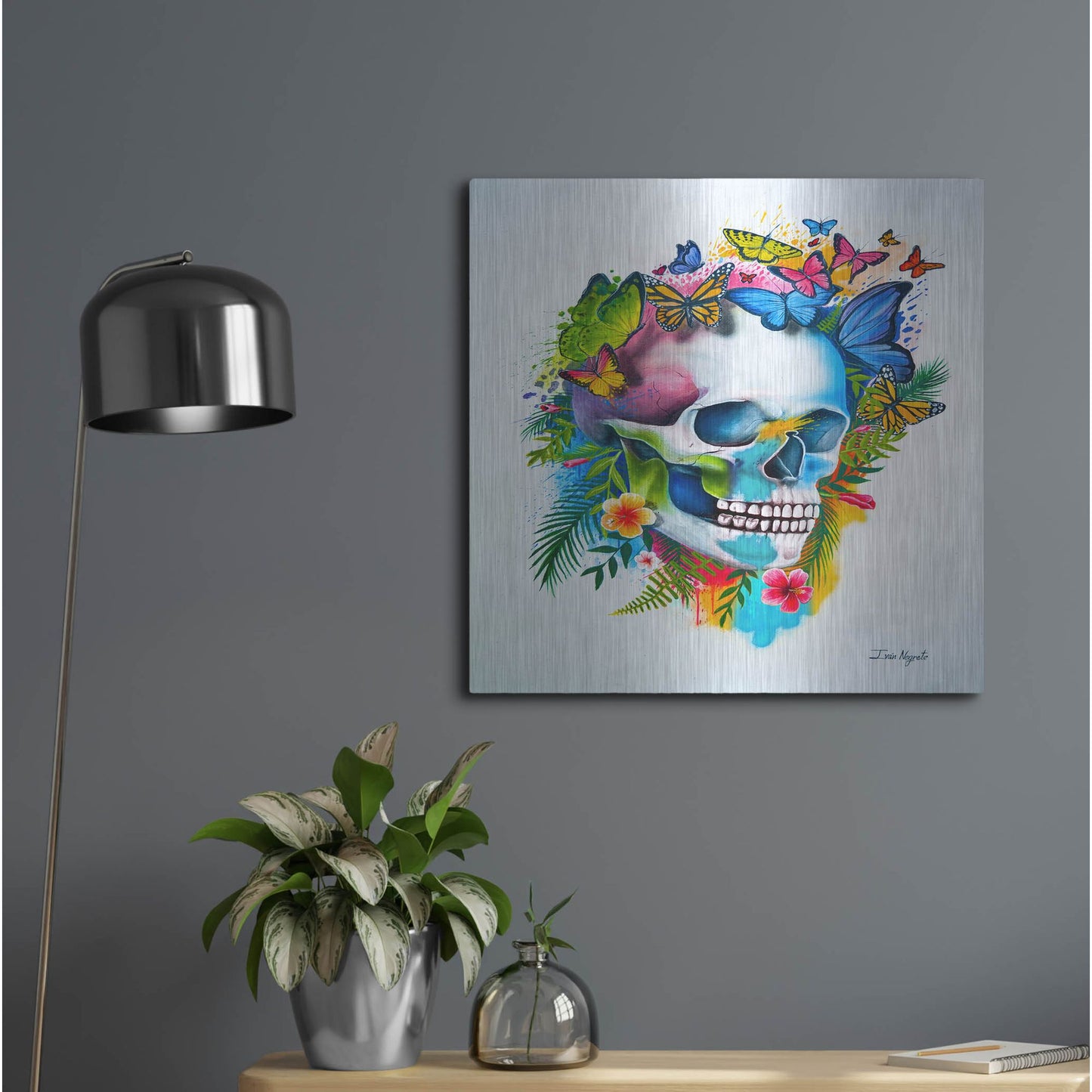 Luxe Metal Art 'Tropical Skull Splash' by Ivan Negrete, Metal Wall Art,24x24