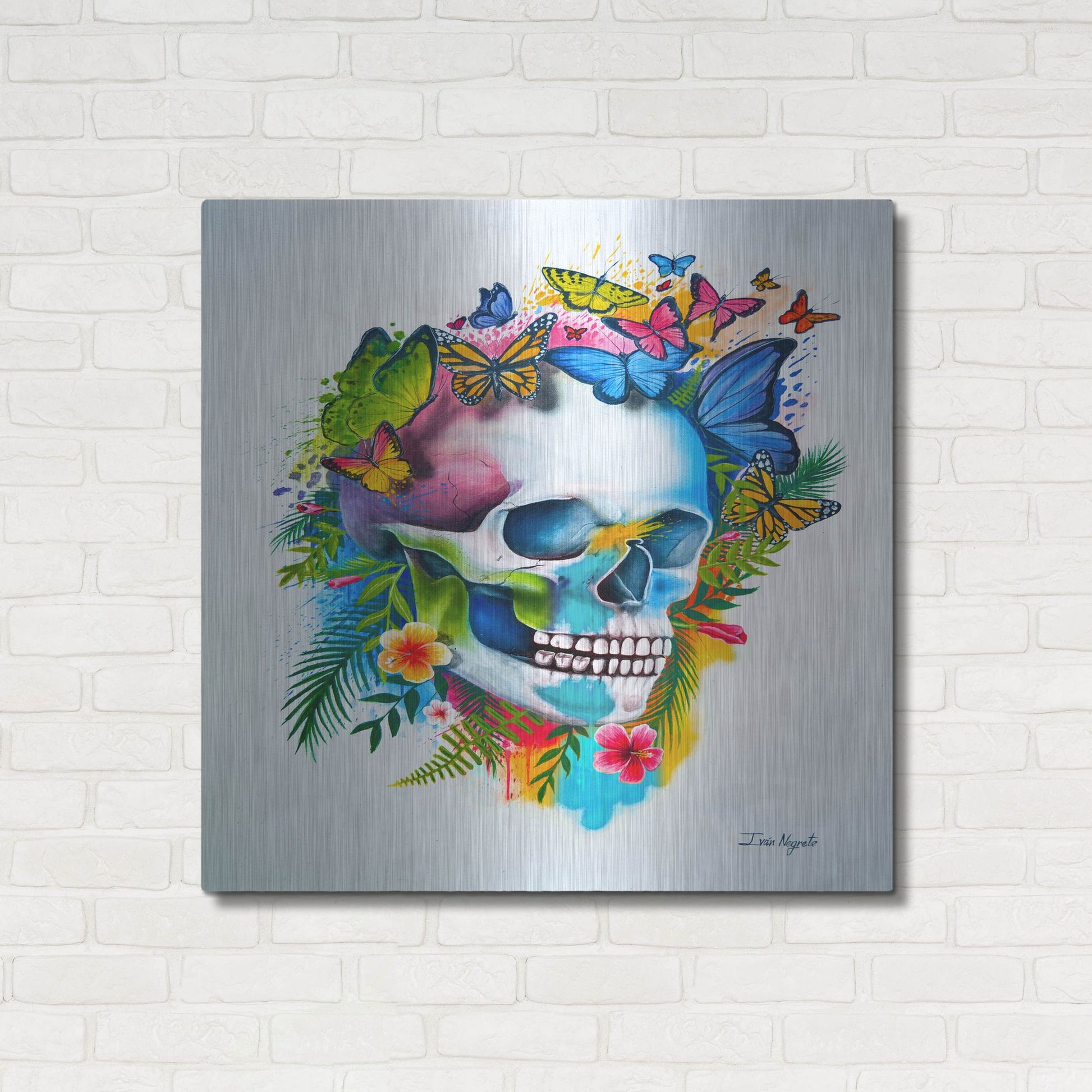 Luxe Metal Art 'Tropical Skull Splash' by Ivan Negrete, Metal Wall Art,36x36