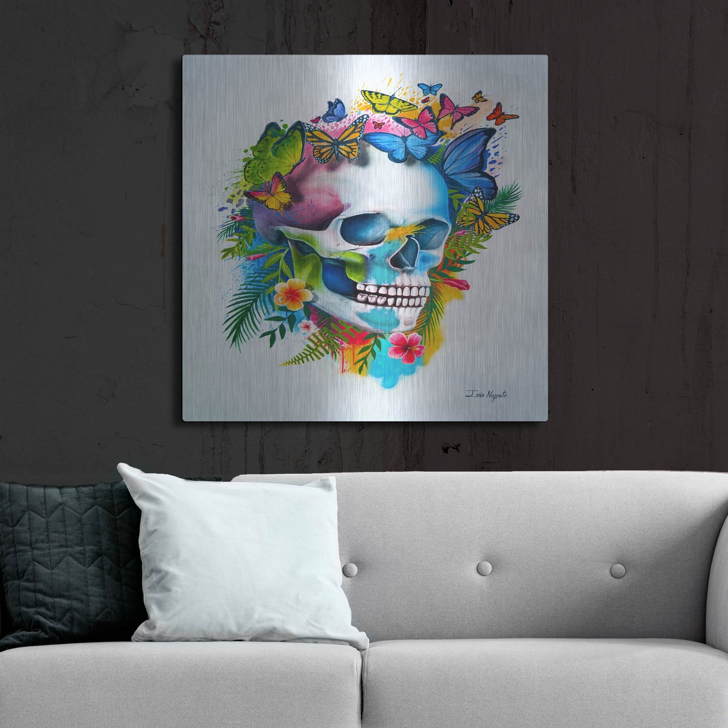 Luxe Metal Art 'Tropical Skull Splash' by Ivan Negrete, Metal Wall Art,36x36