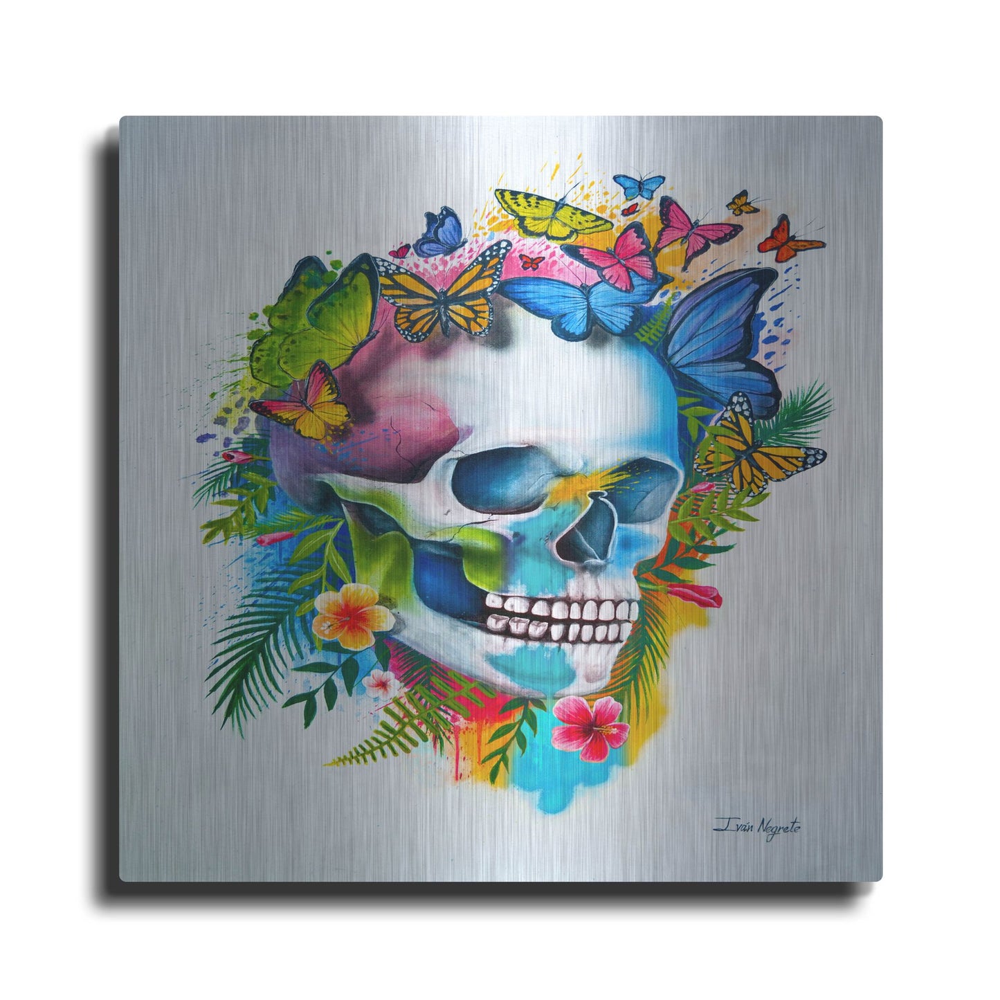 Luxe Metal Art 'Tropical Skull Splash' by Ivan Negrete, Metal Wall Art