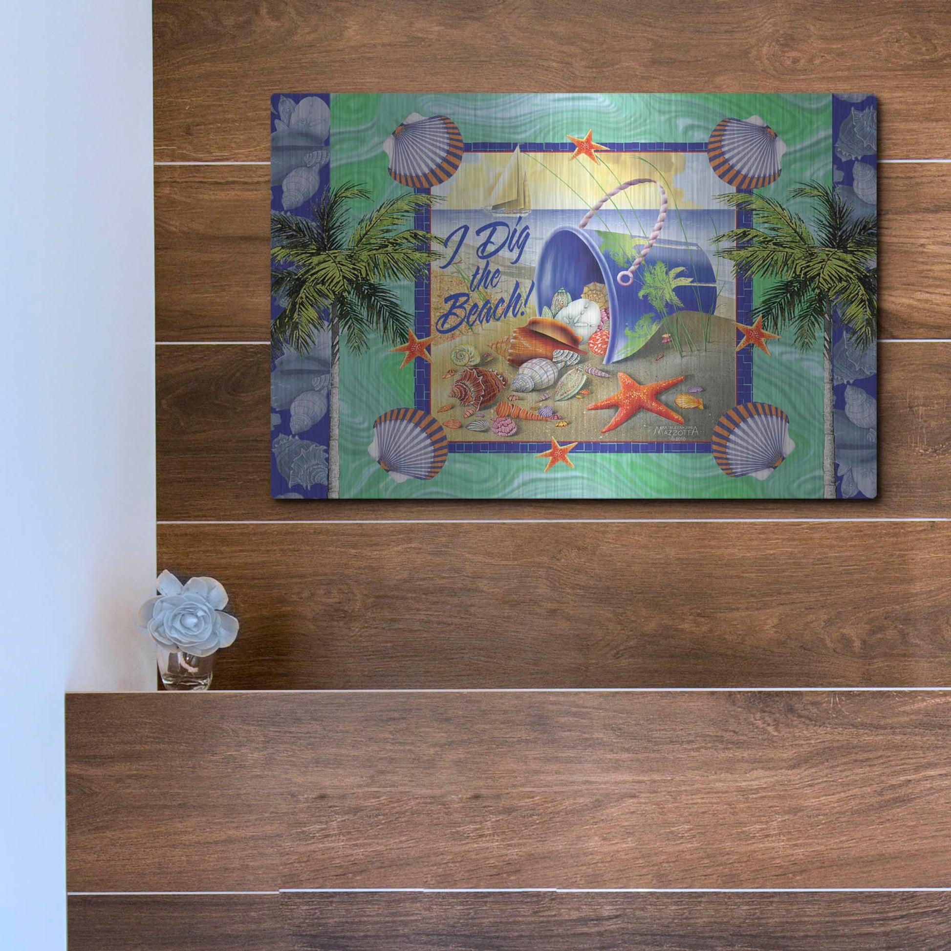 Luxe Metal Art 'Shell Bucket' by James and Kathleen Mazzotta, Metal Wall Art,16x12