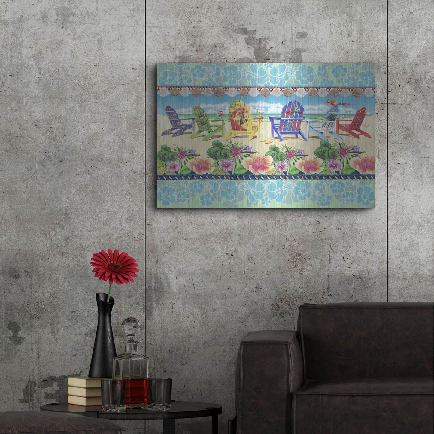 Luxe Metal Art 'Coastal Chairs Floral' by James Mazzotta, Metal Wall Art,36x24