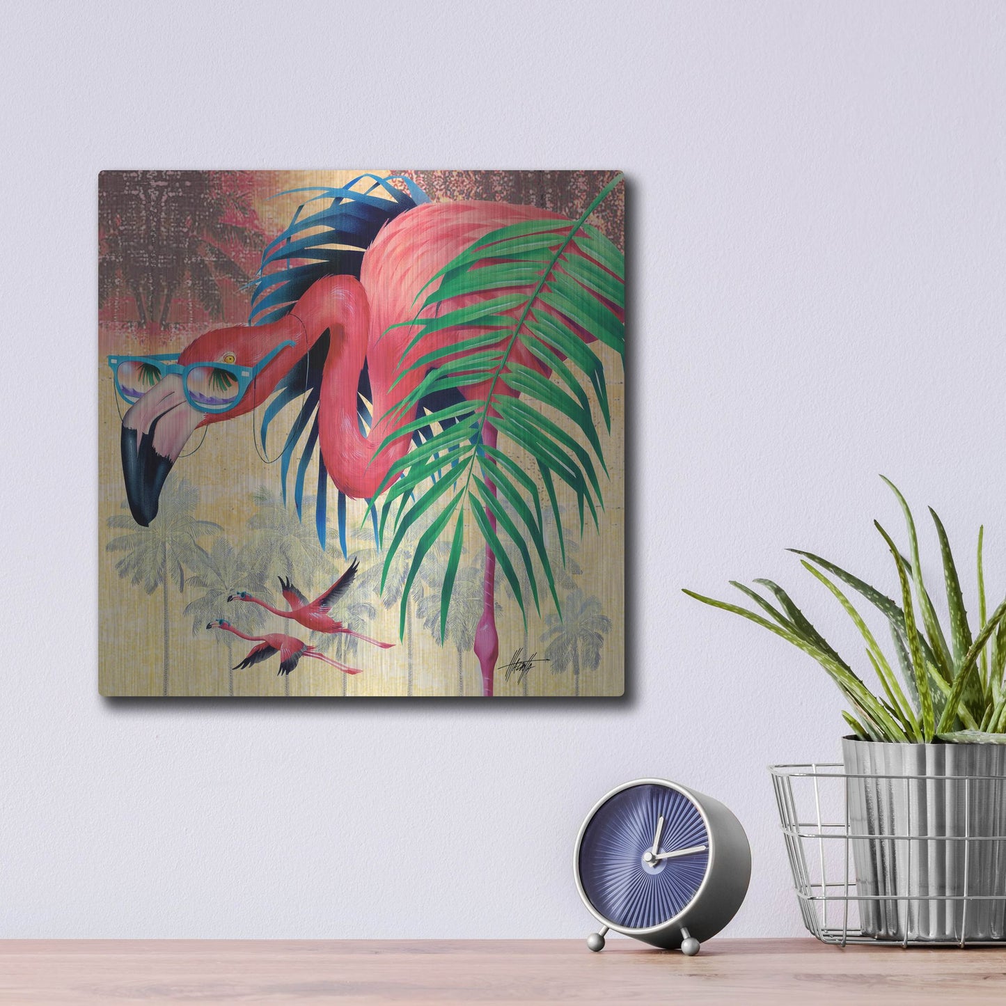 Luxe Metal Art 'Cool Flamingoes' by James Mazzotta, Metal Wall Art,12x12