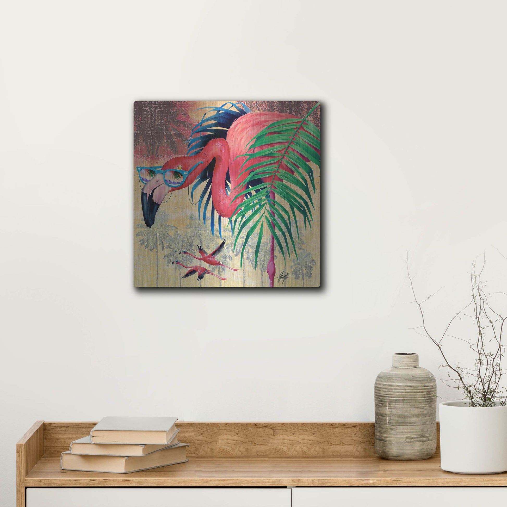 Luxe Metal Art 'Cool Flamingoes' by James Mazzotta, Metal Wall Art,12x12