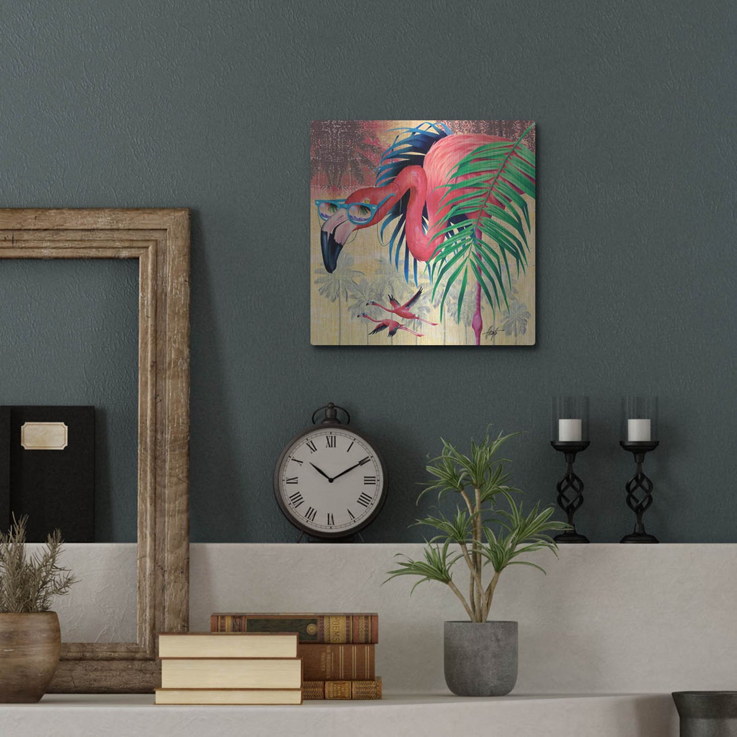 Luxe Metal Art 'Cool Flamingoes' by James Mazzotta, Metal Wall Art,12x12