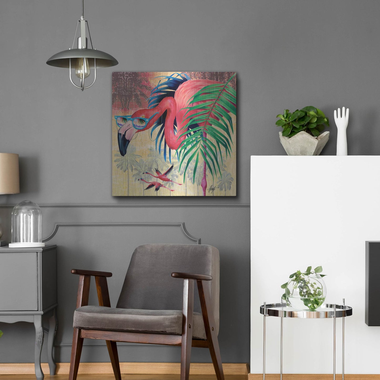 Luxe Metal Art 'Cool Flamingoes' by James Mazzotta, Metal Wall Art,24x24