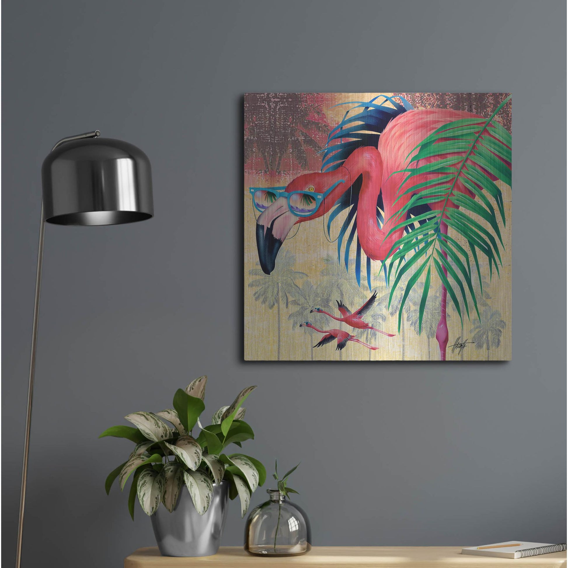 Luxe Metal Art 'Cool Flamingoes' by James Mazzotta, Metal Wall Art,24x24