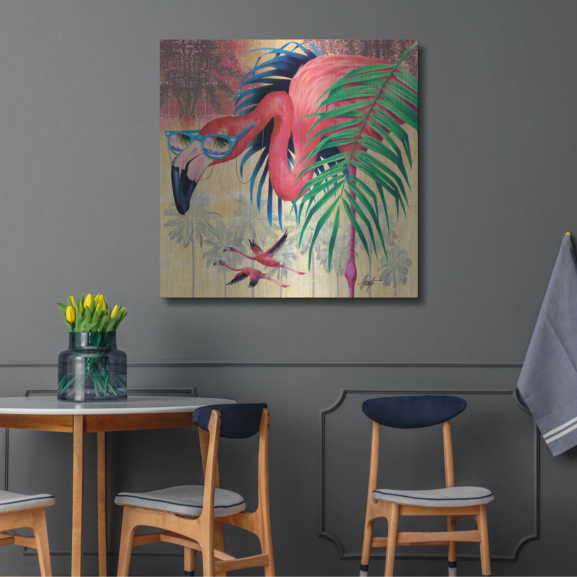 Luxe Metal Art 'Cool Flamingoes' by James Mazzotta, Metal Wall Art,36x36