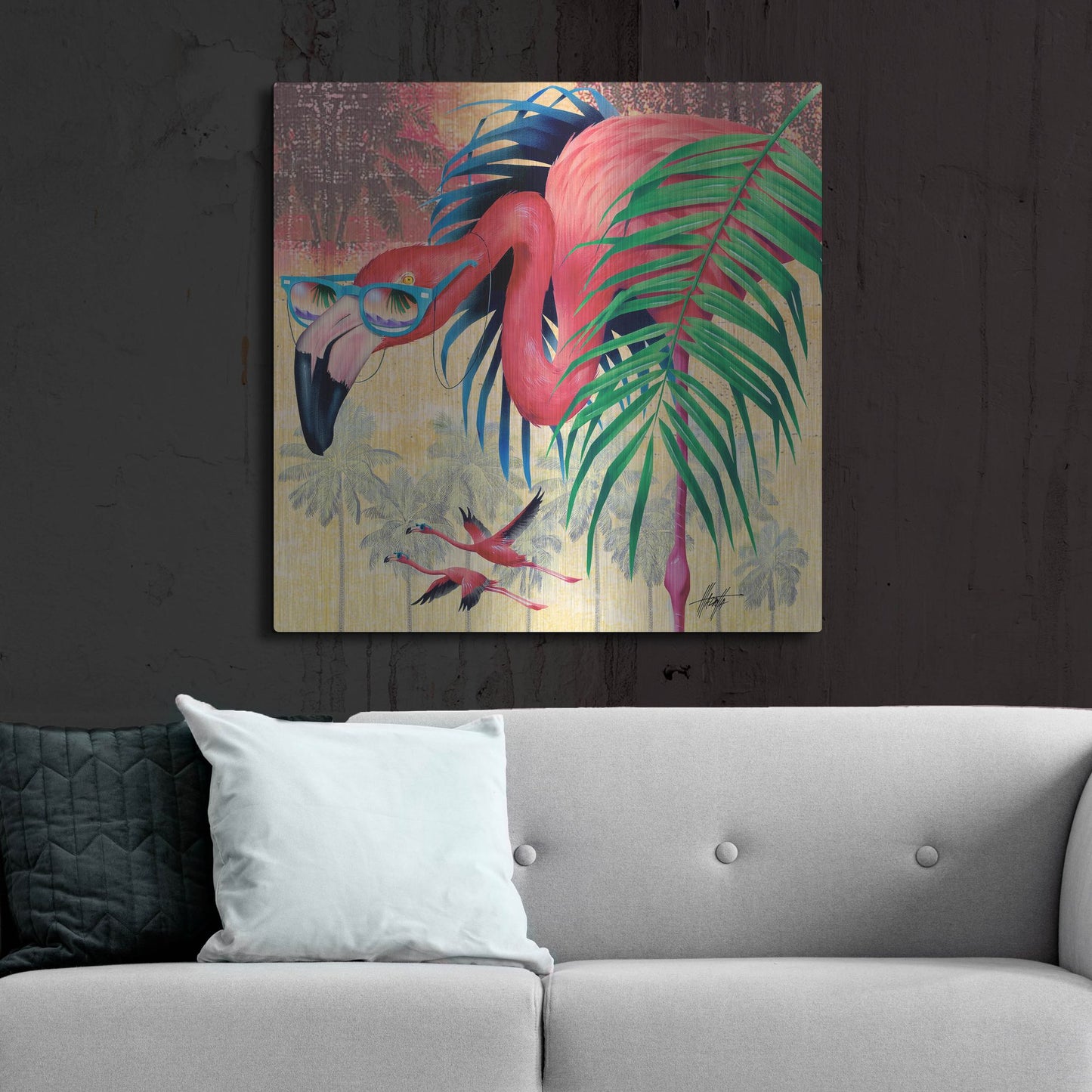 Luxe Metal Art 'Cool Flamingoes' by James Mazzotta, Metal Wall Art,36x36