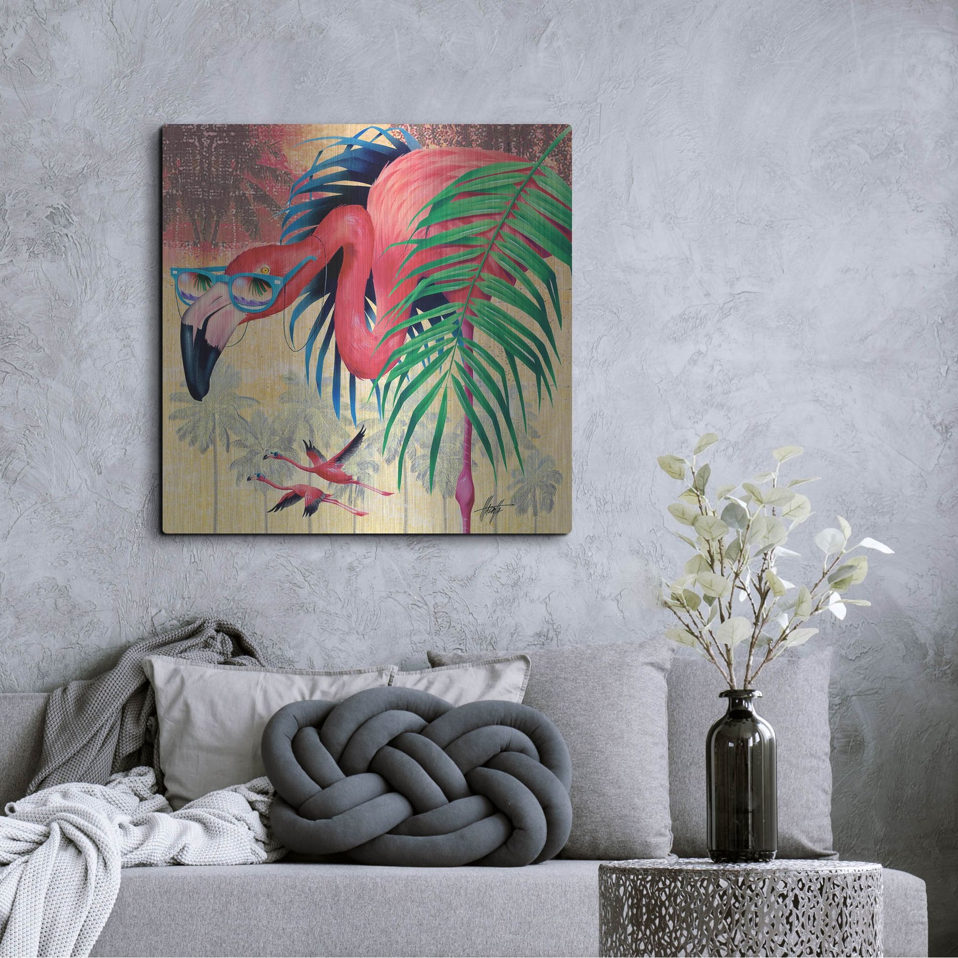 Luxe Metal Art 'Cool Flamingoes' by James Mazzotta, Metal Wall Art,36x36