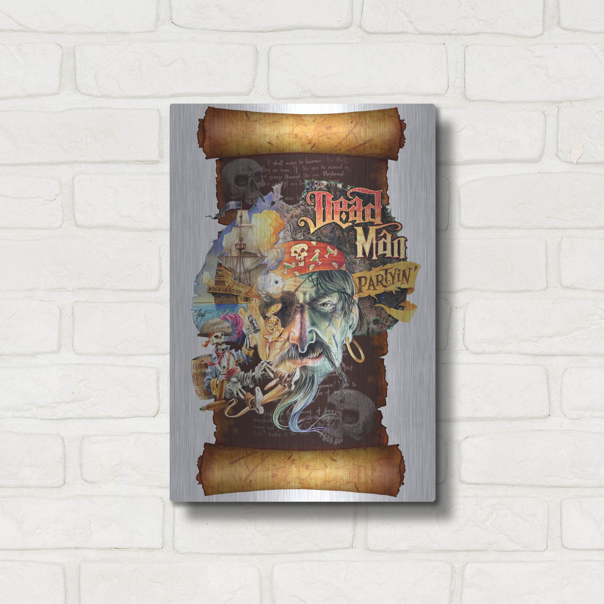 Luxe Metal Art 'Dead Man Partyin Scroll' by James Mazzotta, Metal Wall Art,12x16