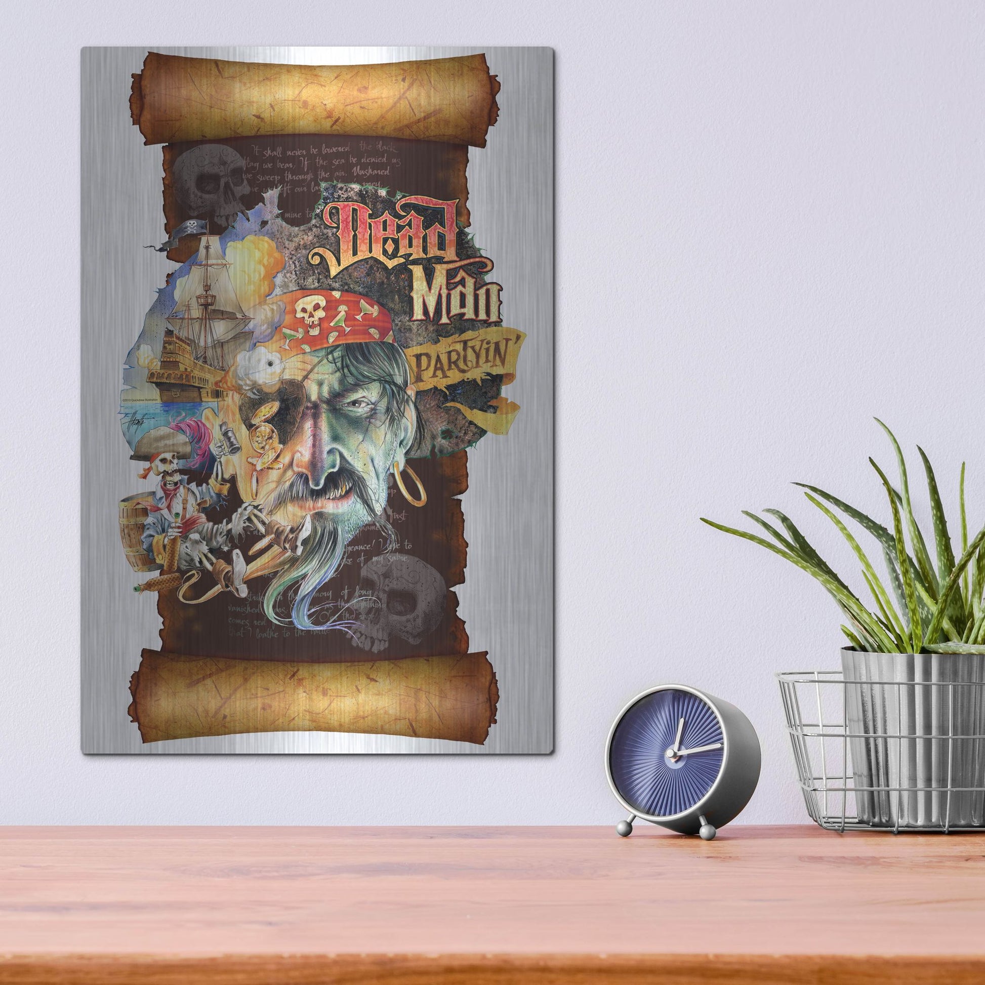 Luxe Metal Art 'Dead Man Partyin Scroll' by James Mazzotta, Metal Wall Art,12x16