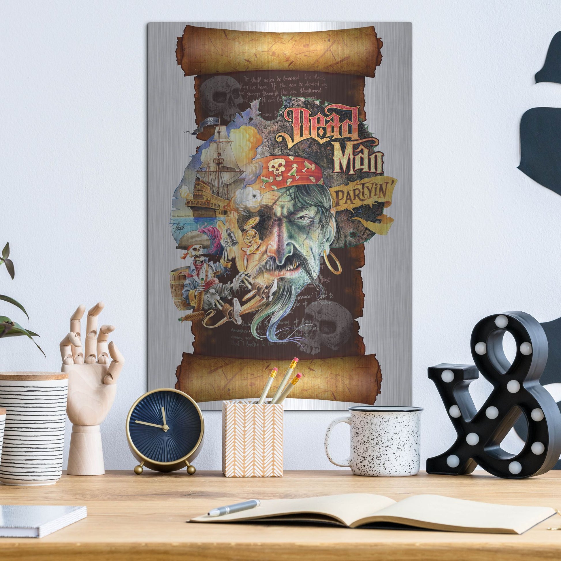 Luxe Metal Art 'Dead Man Partyin Scroll' by James Mazzotta, Metal Wall Art,12x16